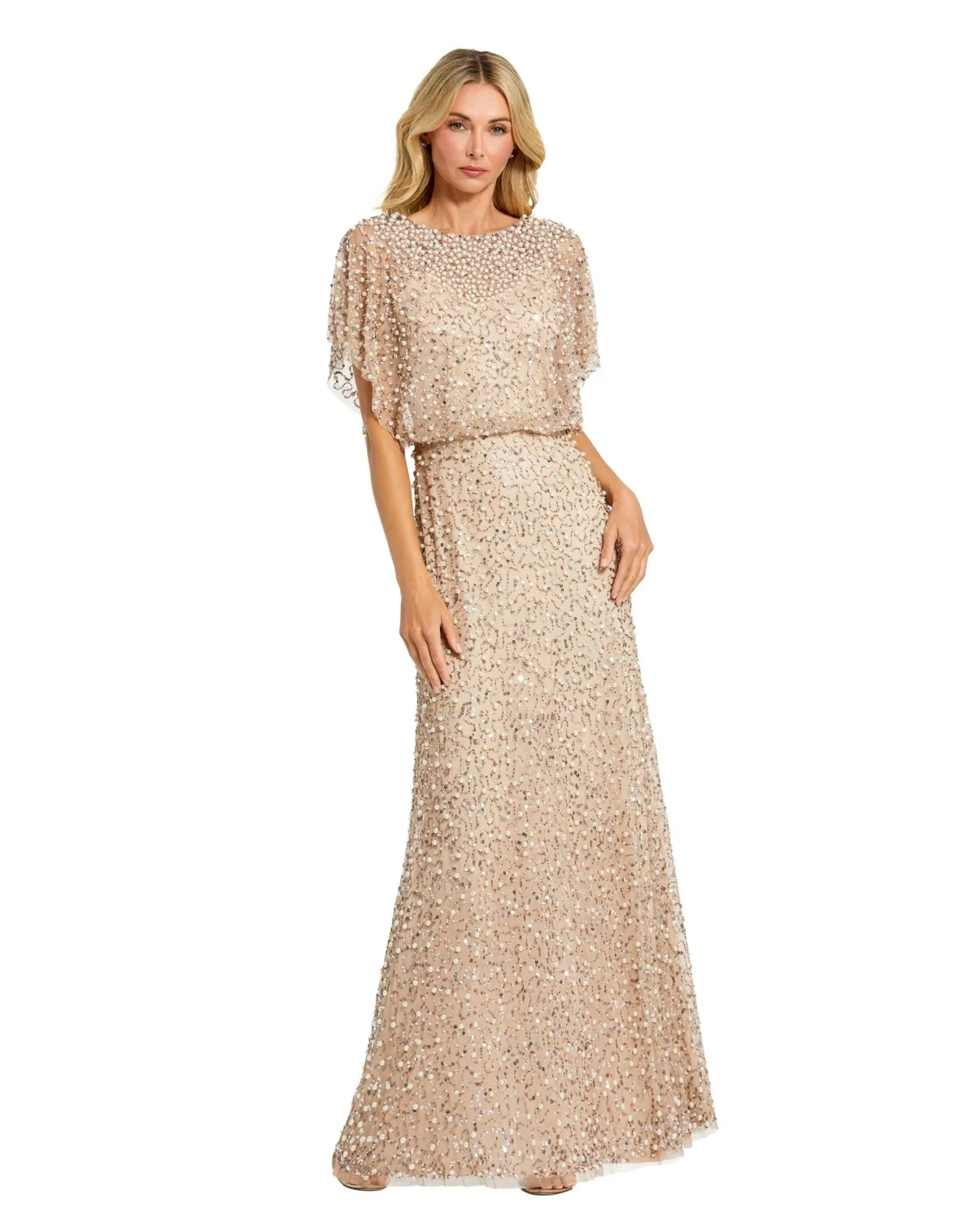 Short Sleeve Beaded Blouson A-Line Gown