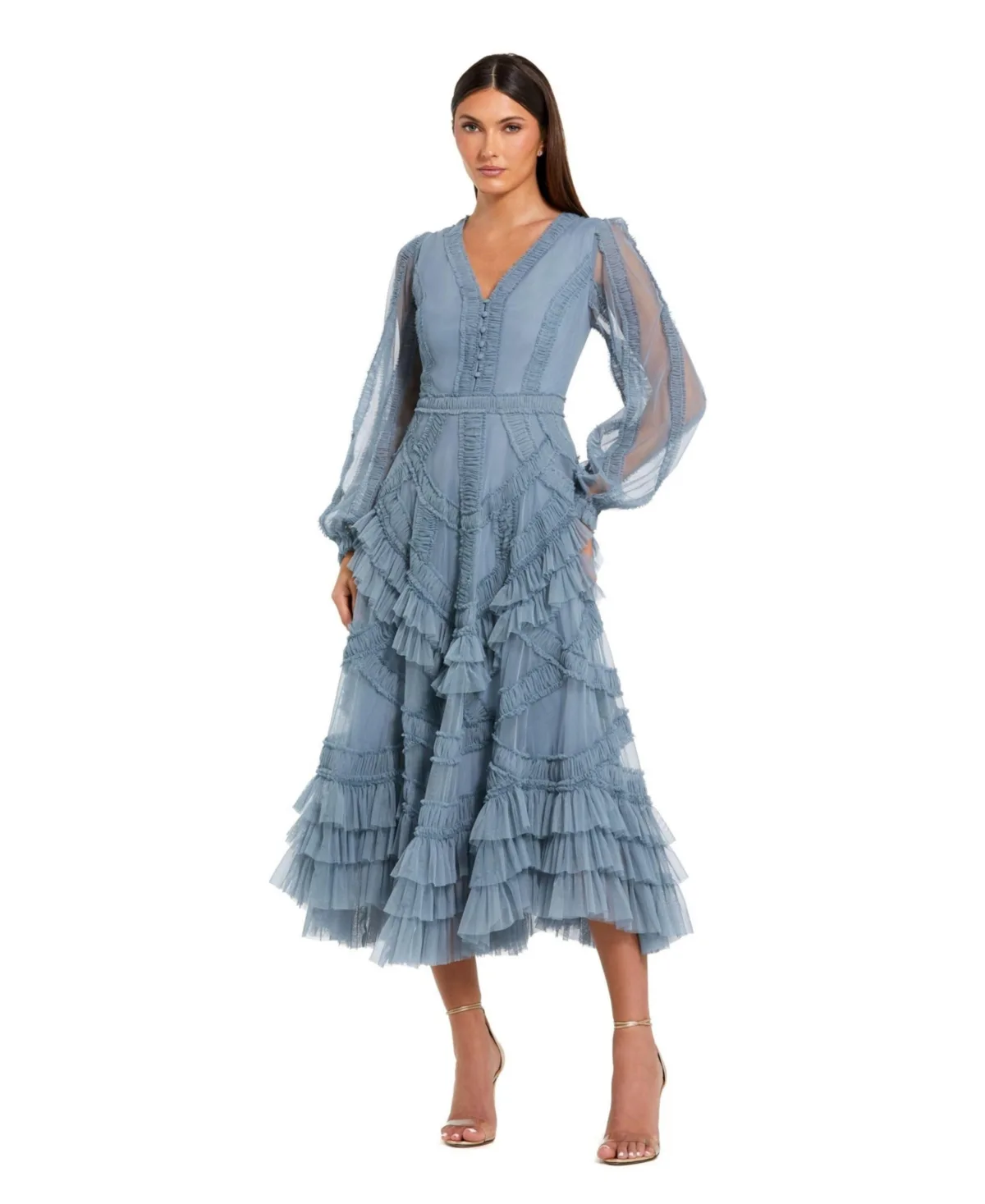 Long Sleeve V Neck Mesh Micro Ruffle Midi Dress