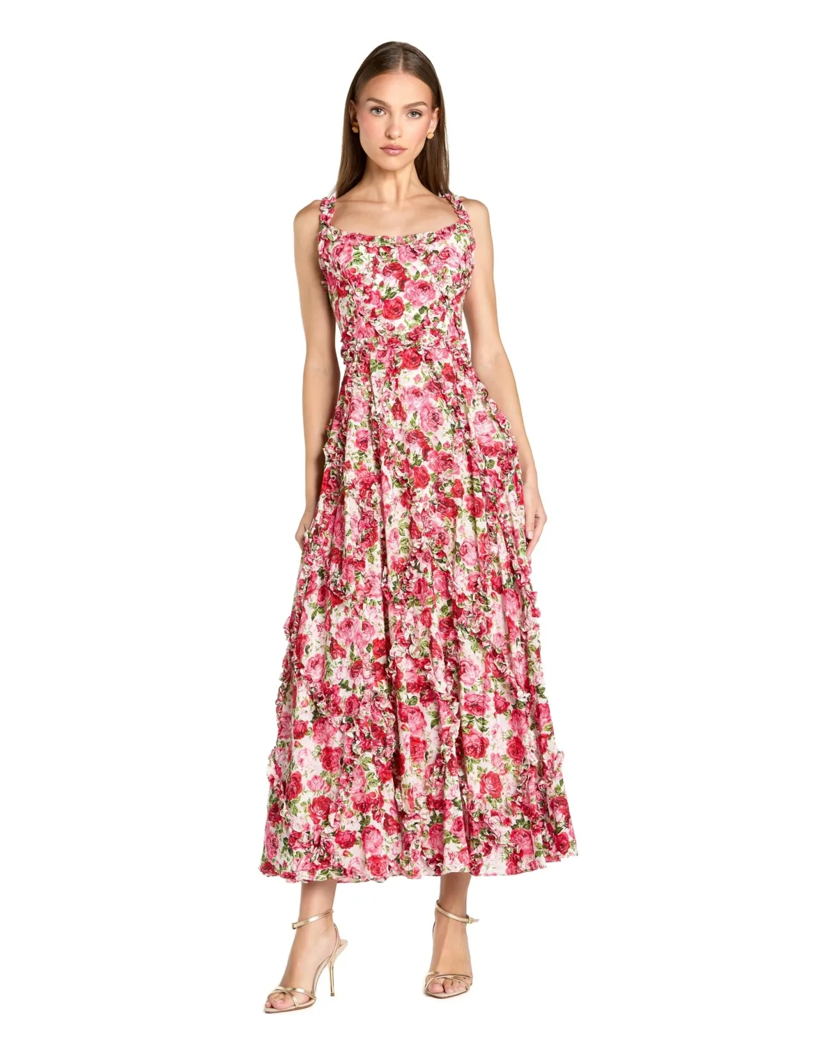 Floral Cotton Ruffle Square Neck Ankle Dress