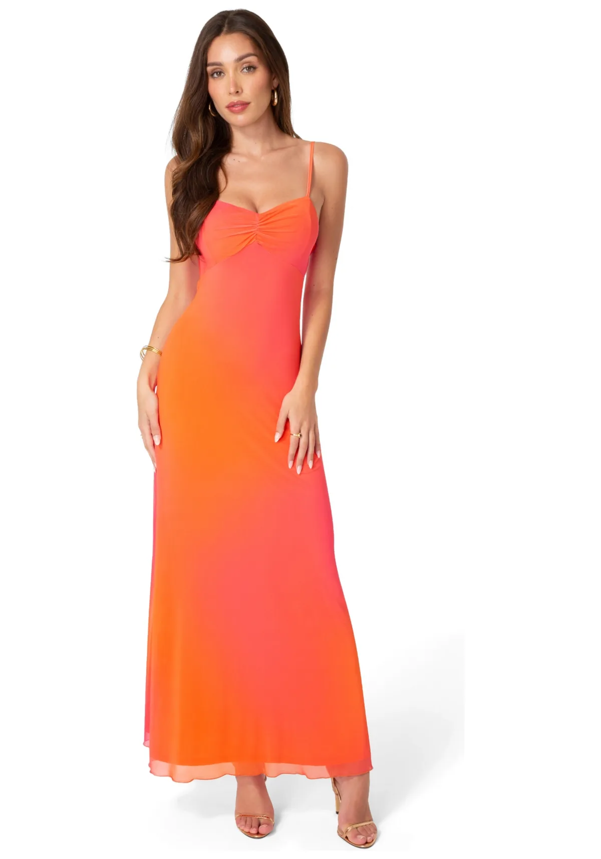 Printed Mesh Drape Back Maxi Dress by Bebe