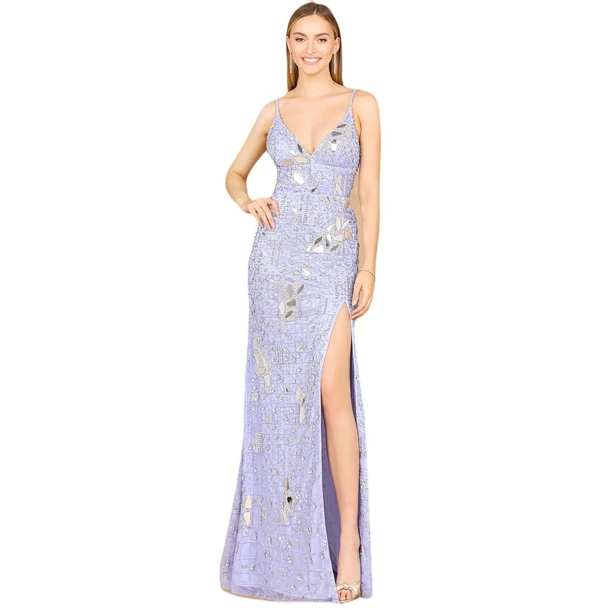 Mirror Beaded Gown with High Slit by Lara