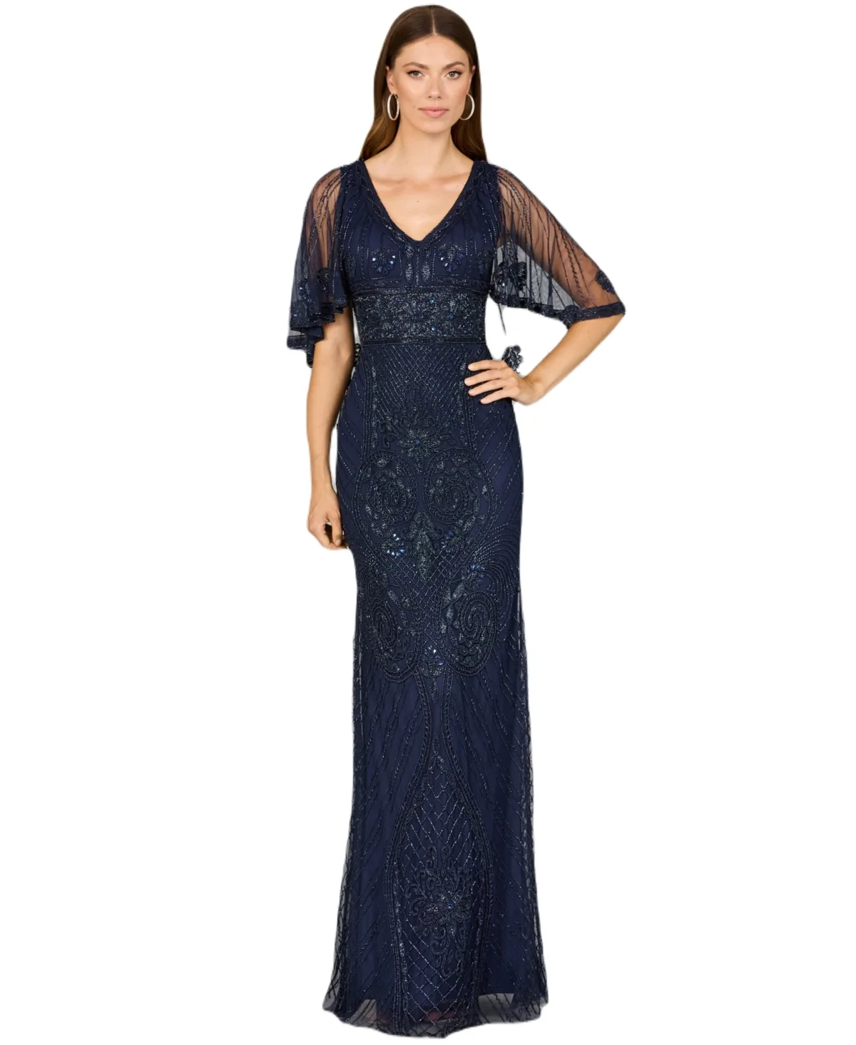 Cape Sleeve V-Neck Beaded Gown by Lara