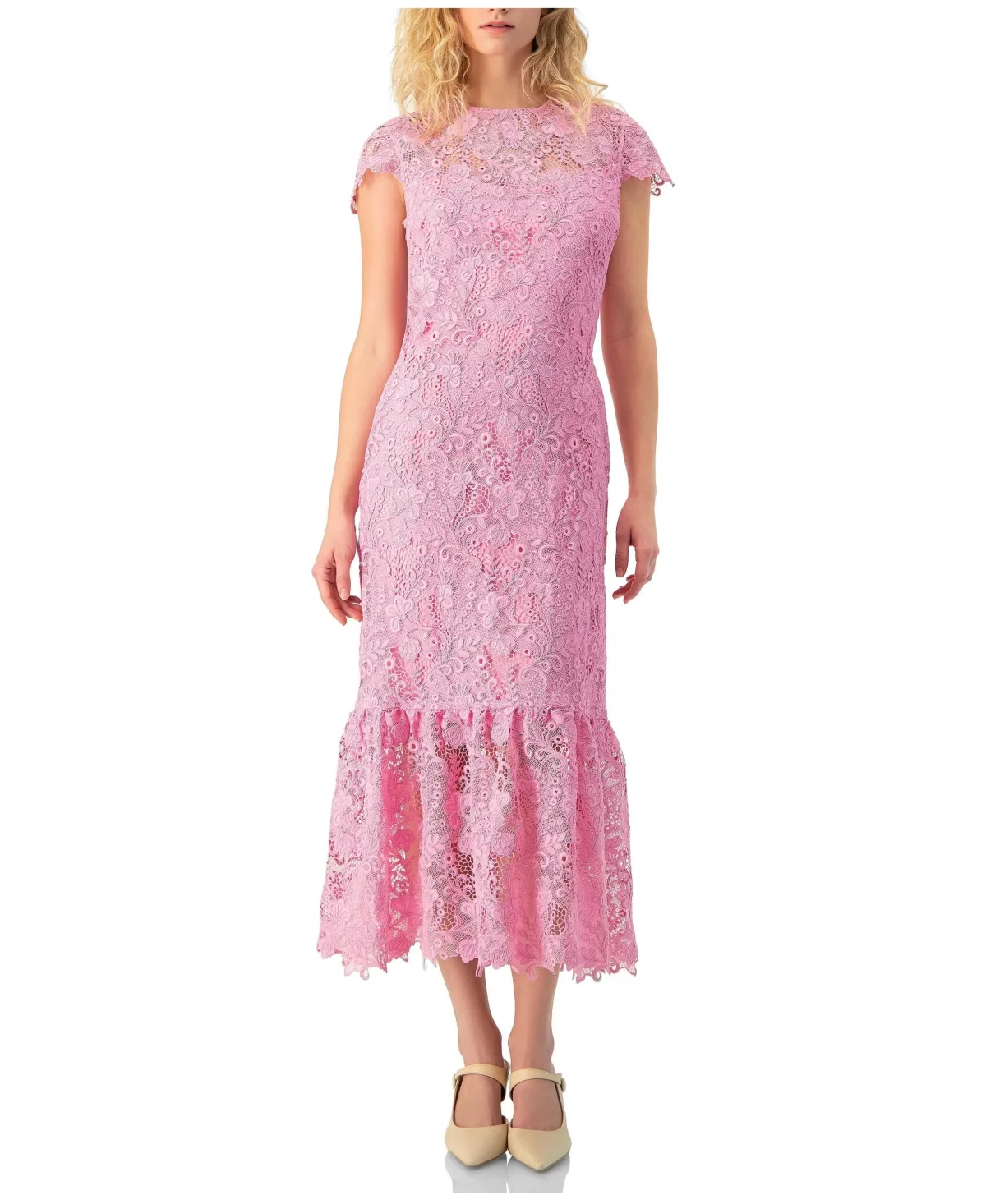 Lace Cap-Sleeve Midi Dress