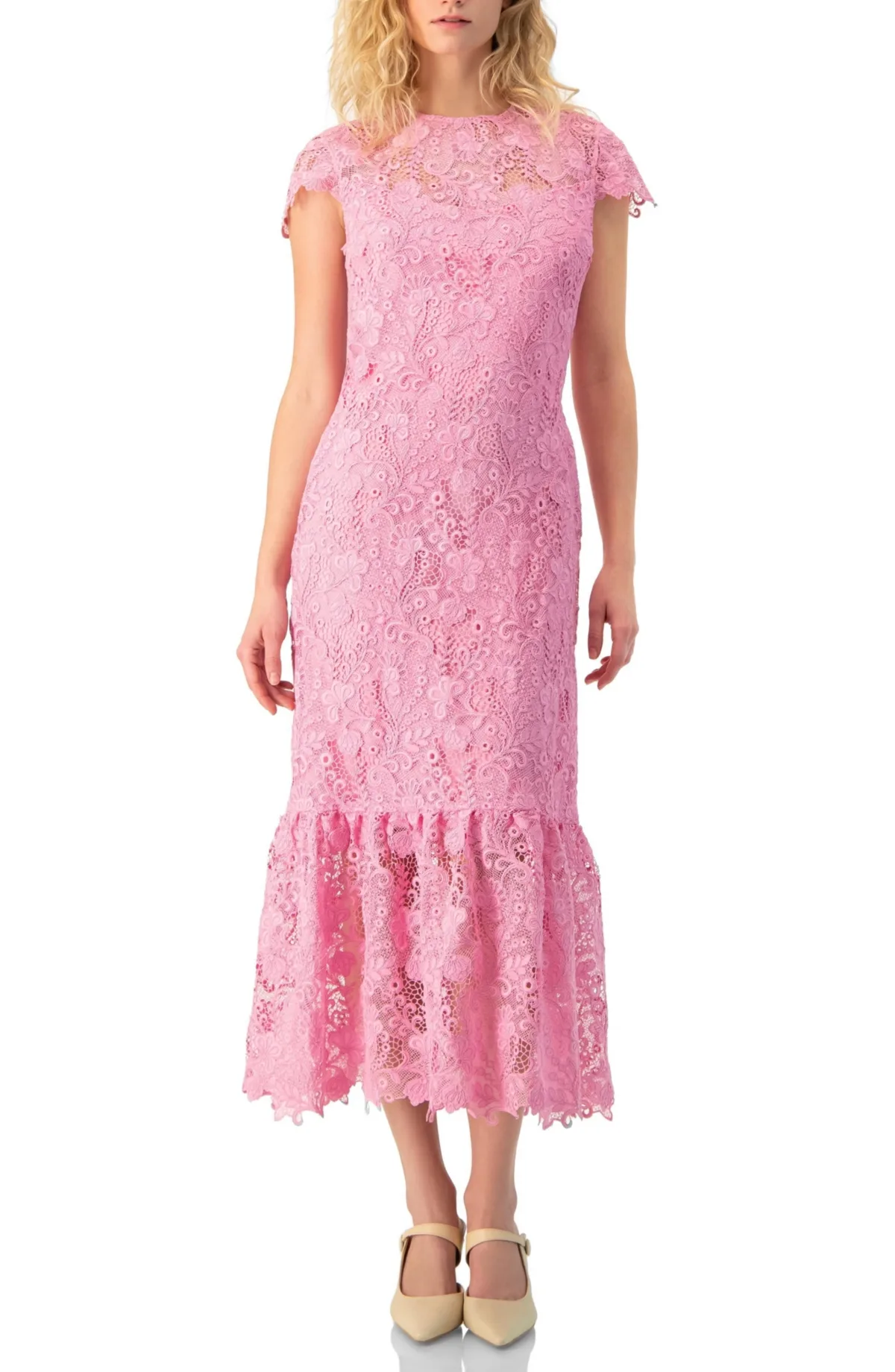 Lace Cap-Sleeve Midi Dress by Ivonne