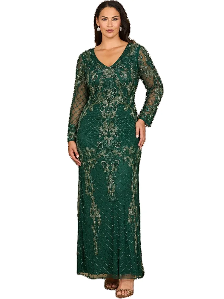 Long Sleeve Contrast Beaded Gown