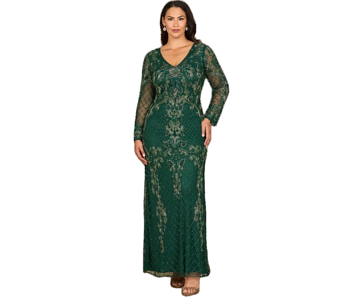 Long Sleeve Contrast Beaded Gown by Lara