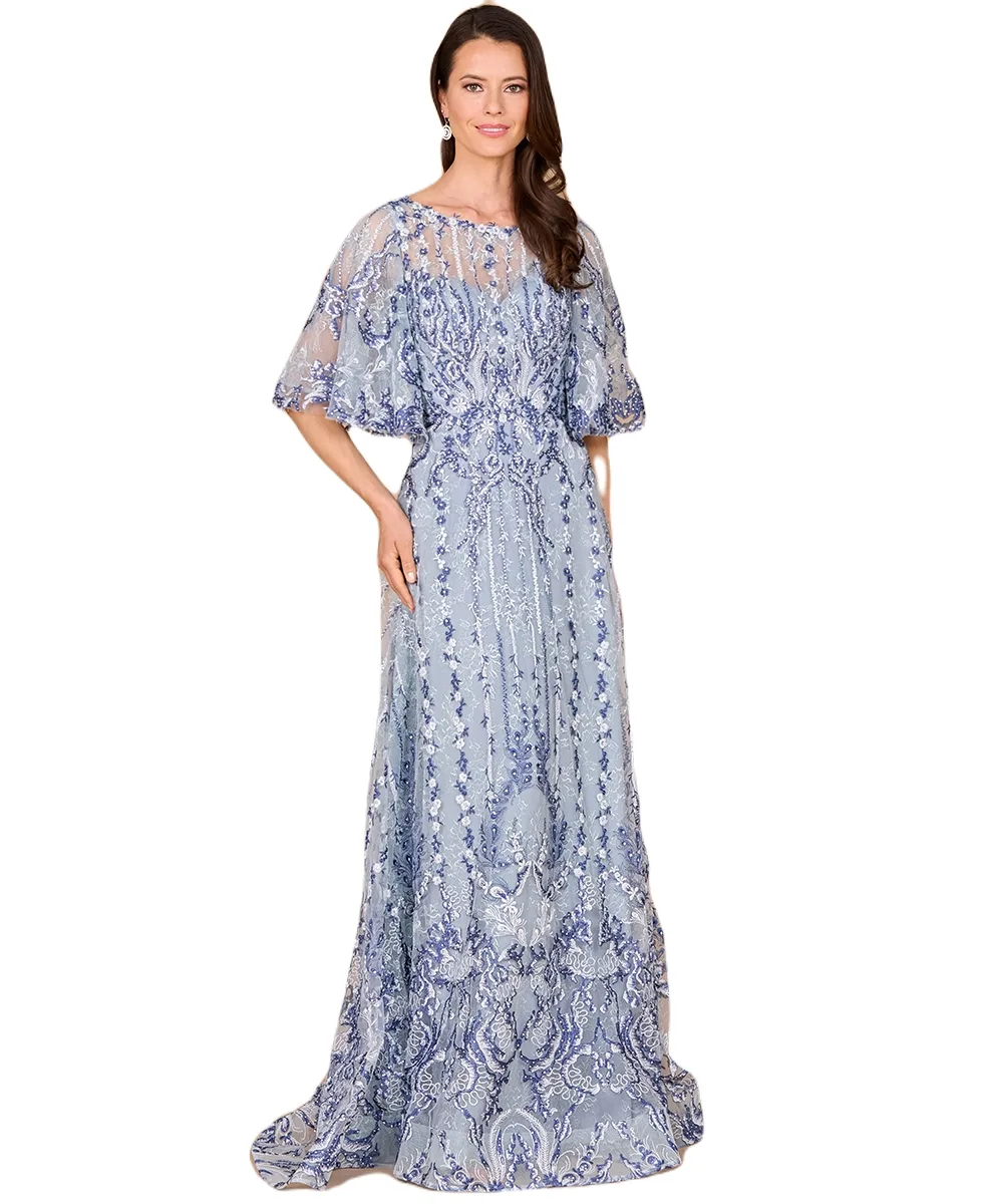 Embroidered, Cape Sleeve A-Line Gown