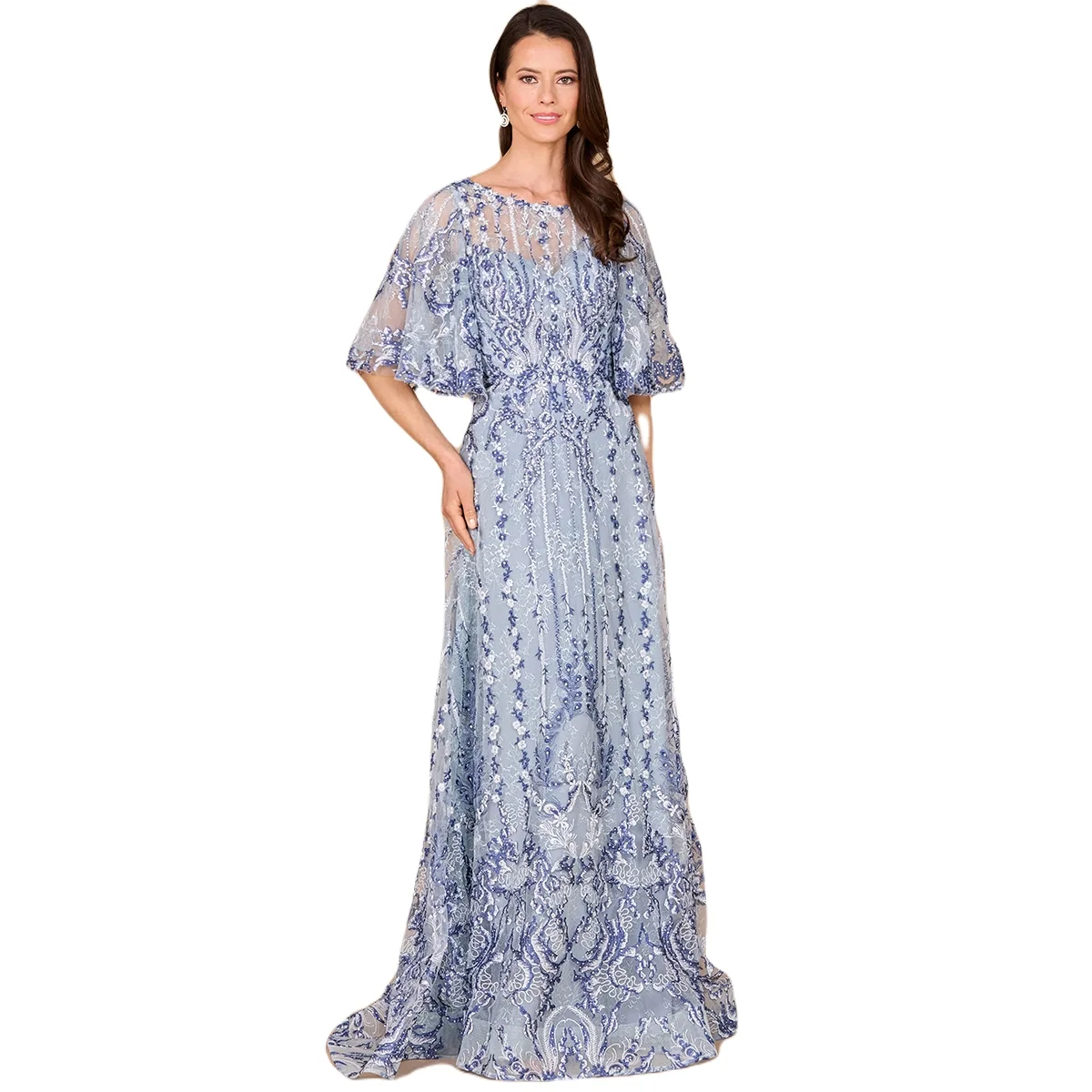 Embroidered, Cape Sleeve A-Line Gown by Lara