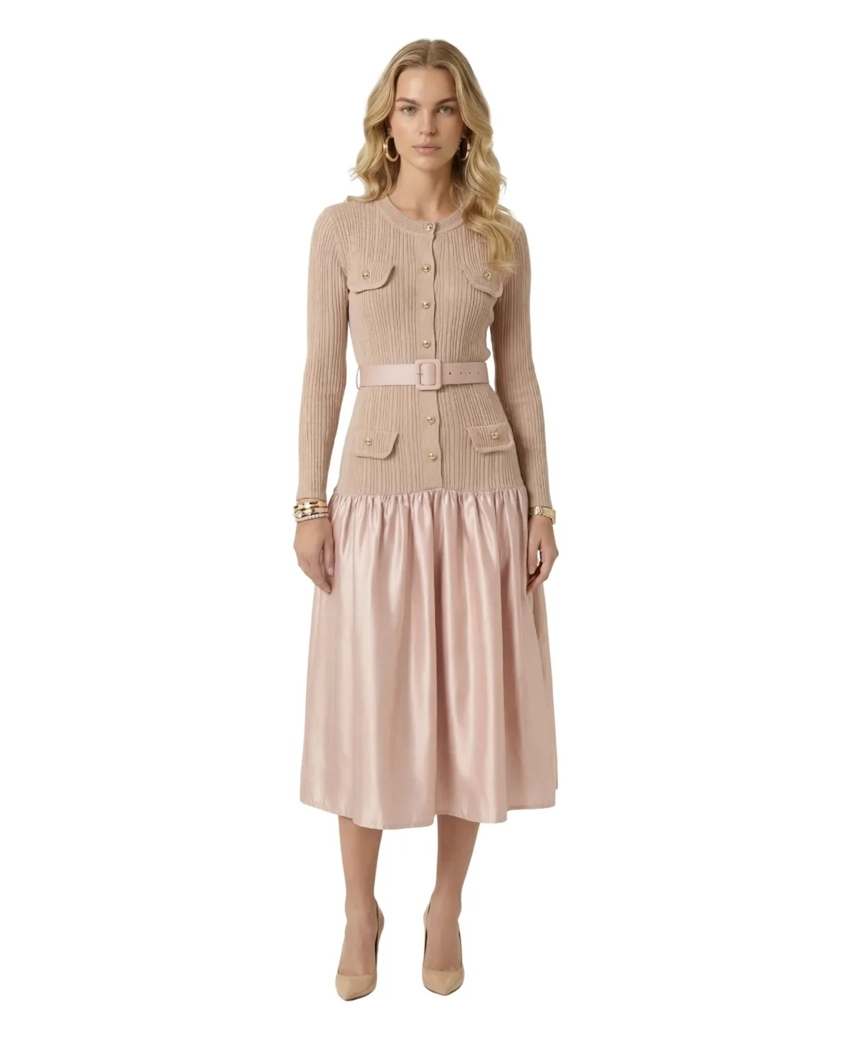 Ribbed Knit Satin Belted Midi Dress by Modenaire