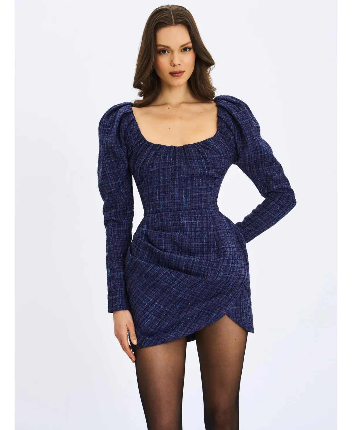 Denise Navy Tweed Ruched Puff Sleeve Mini Dress by Miss Circle