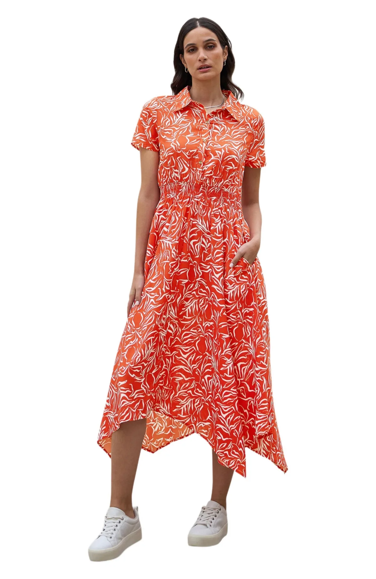 Printed Midi Ruched Shirt Dress by Yumi