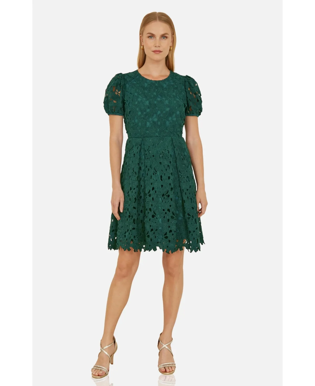 Lace Puff Sleeve Fit Flare Mini Dress by Yumi