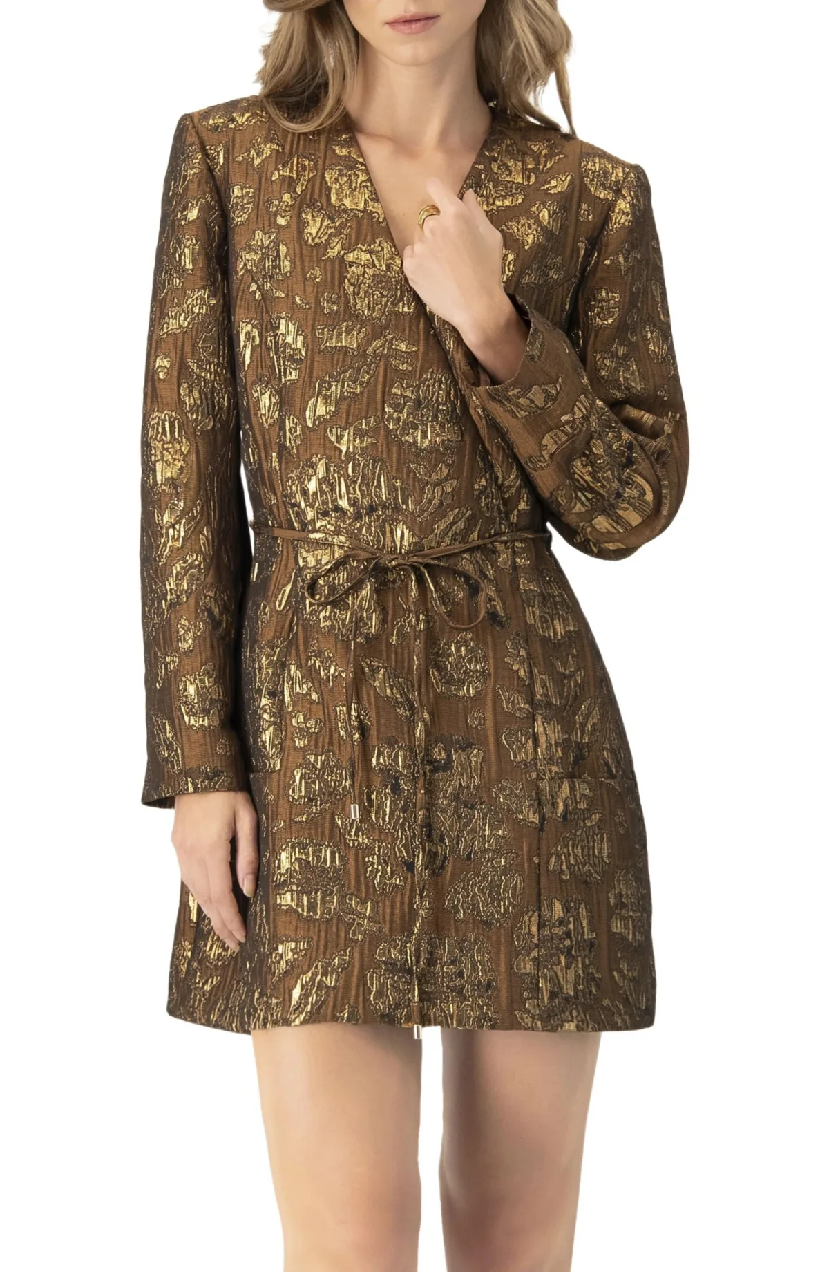 Jacquard Short Crossed V-Neck Dress with Pockets by Ivonne