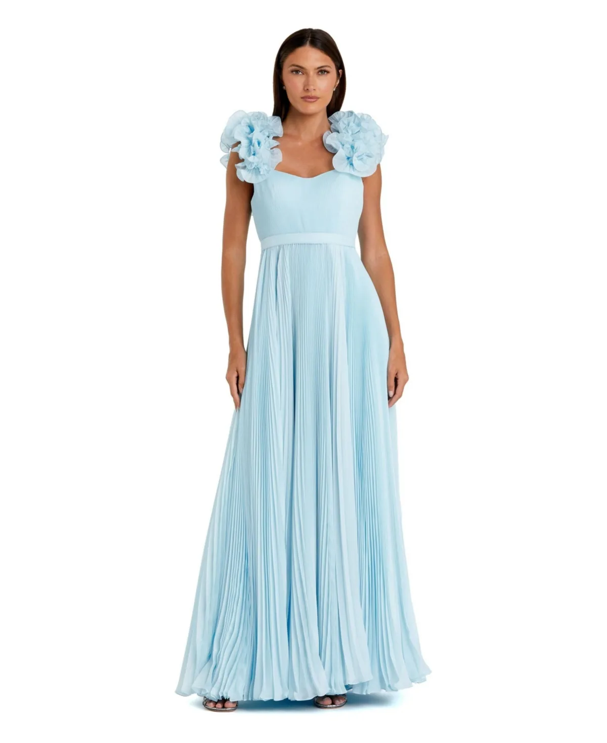 Pleated Organza Gown with Ruffle Straps by Mac Duggal