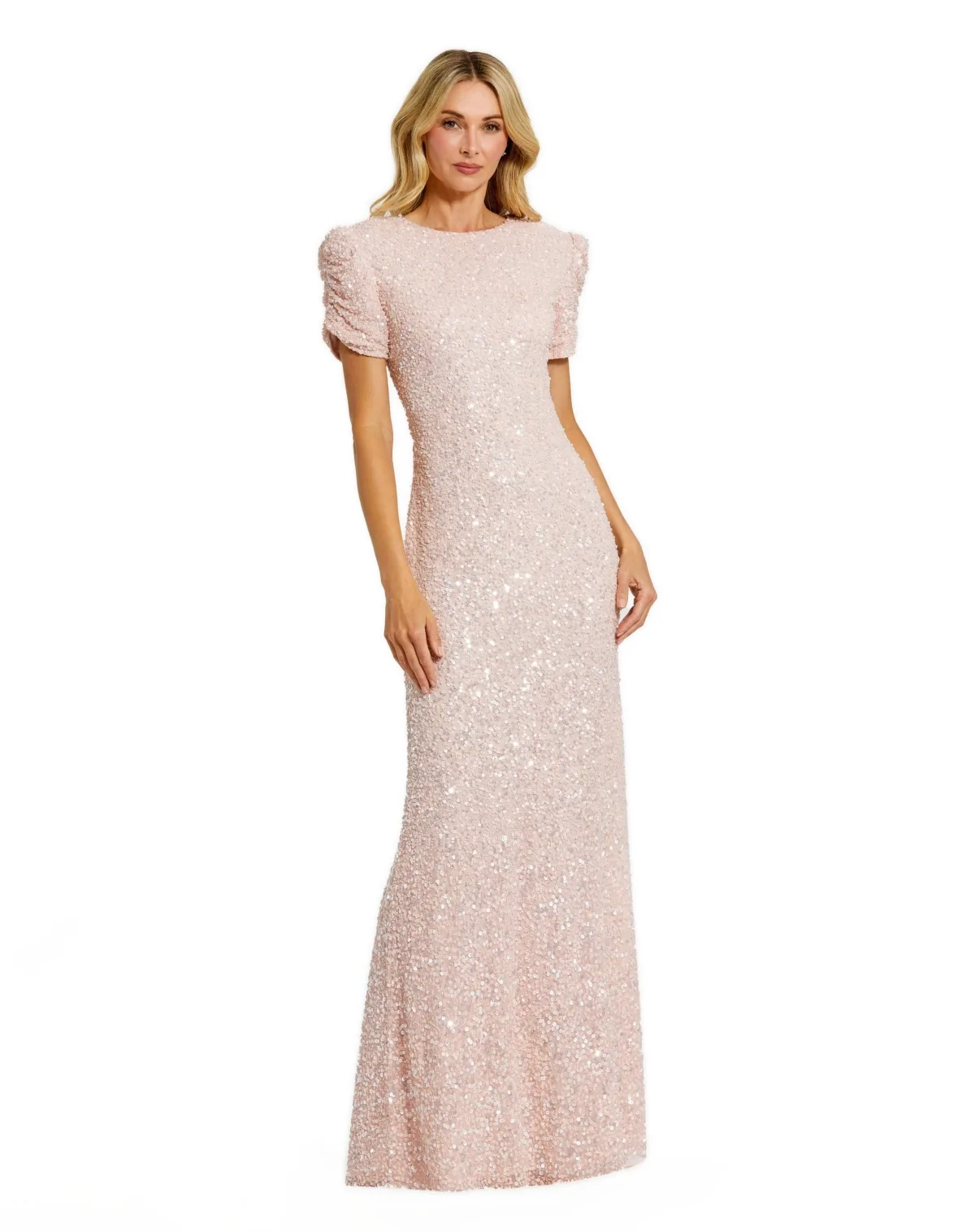 Gathered Short Sleeve Beaded Gown by Mac Duggal