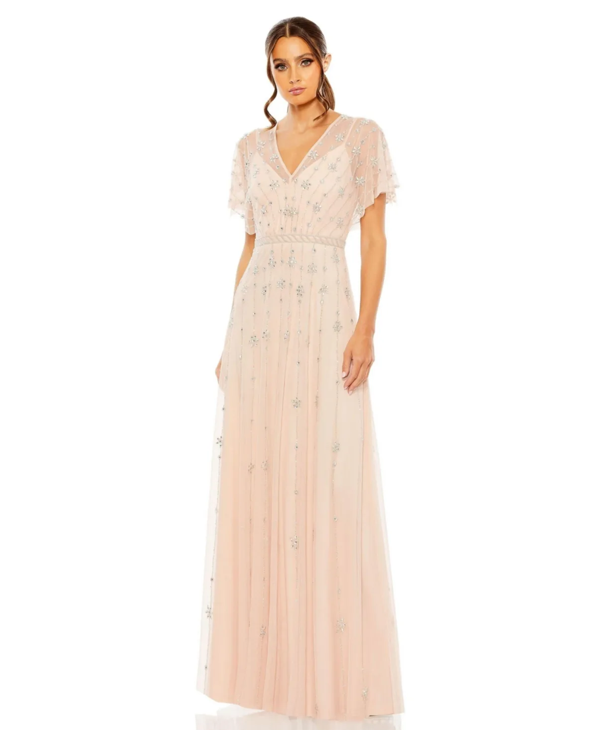 V-Neck Embellished Flutter Sleeve a Line Gown by Mac Duggal