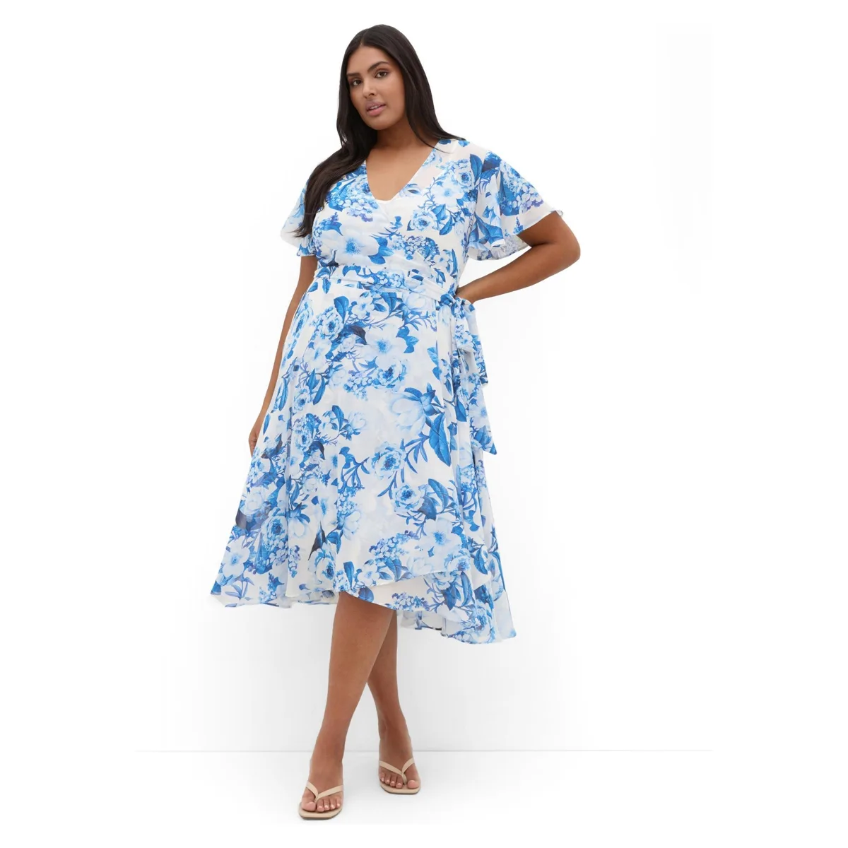 Short Sleeve Bluebell Print Wrap Midi Dress