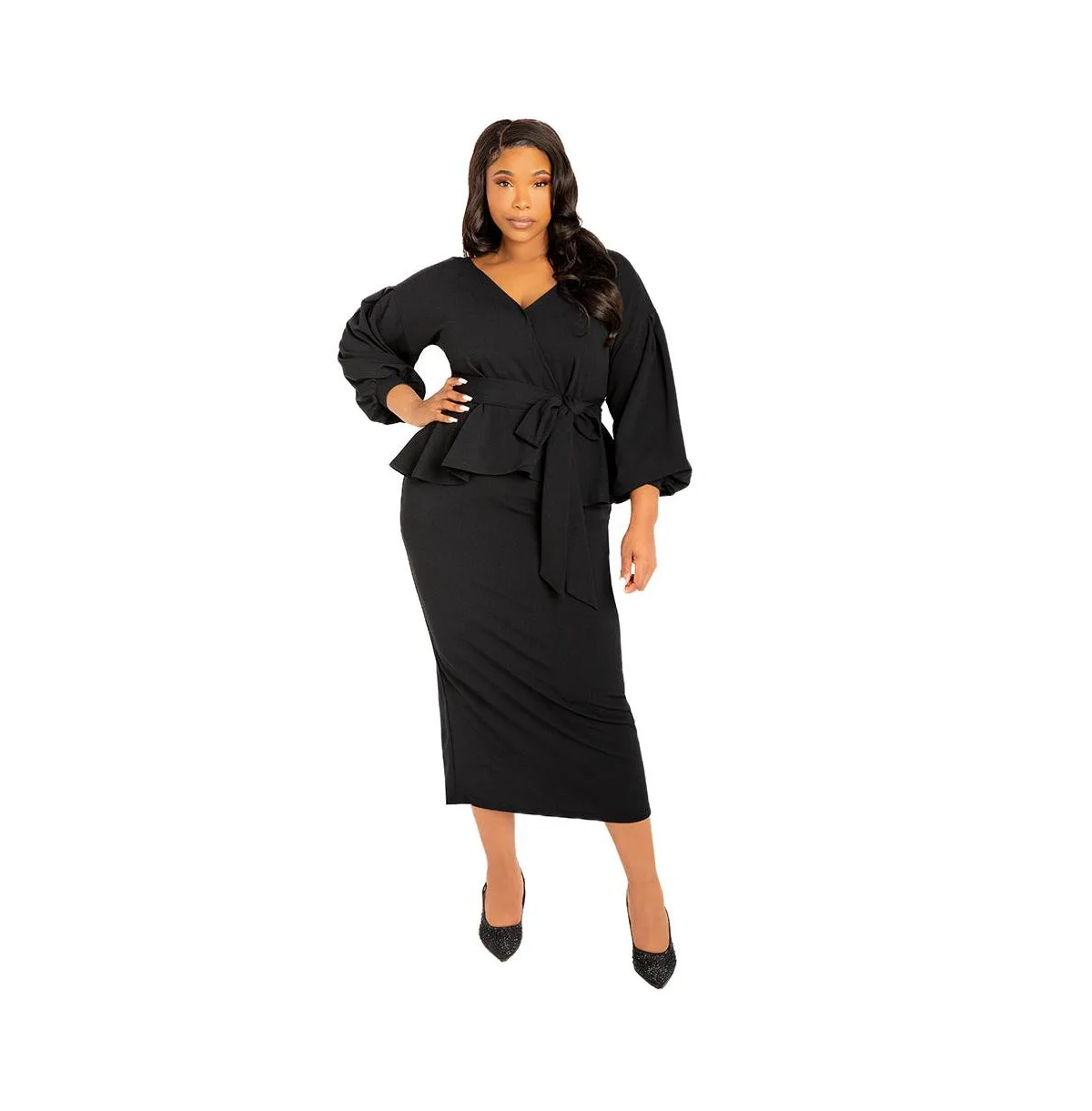 Off Shoulder Peplum Midi Dress by Buxom Couture