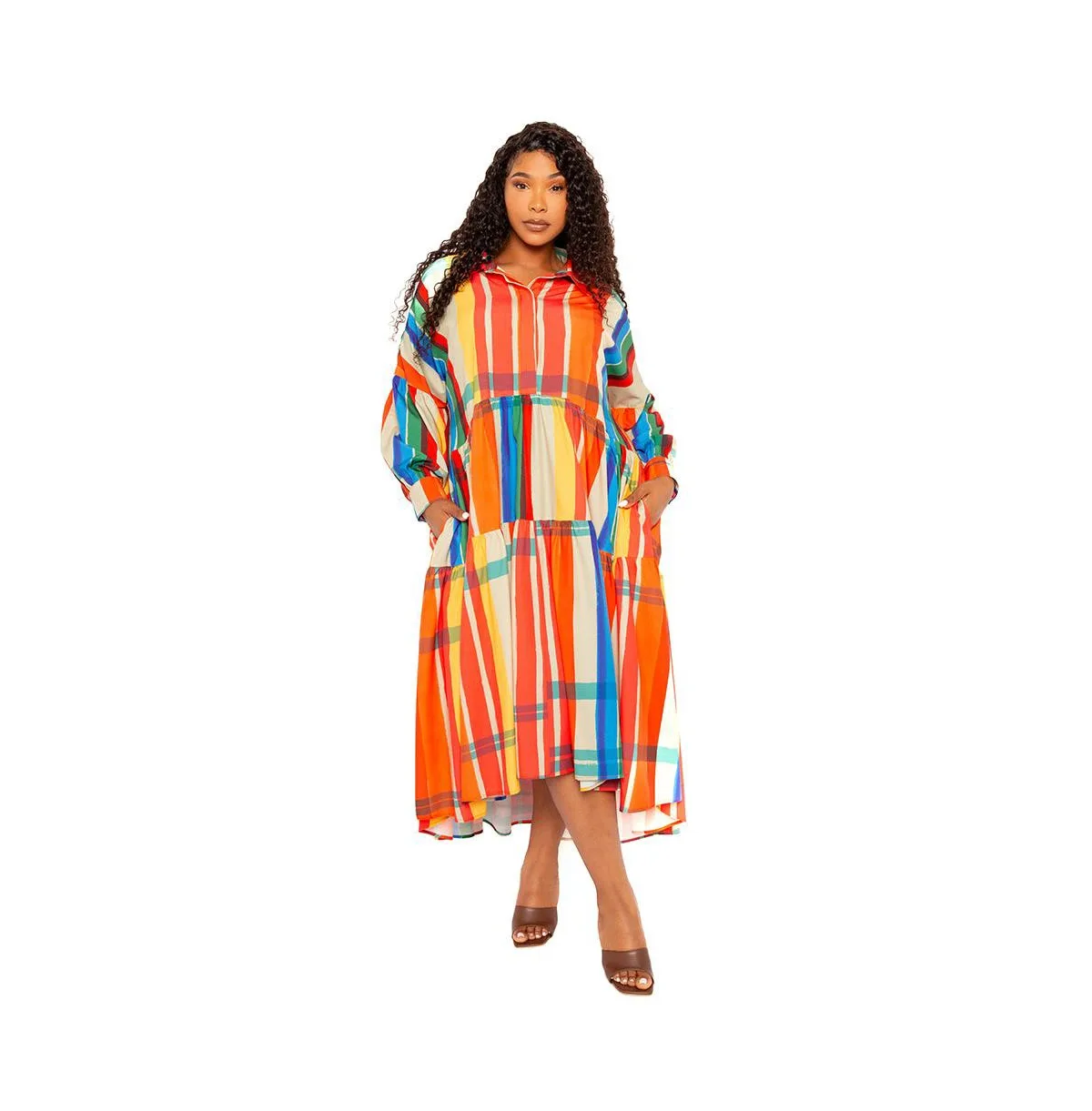 Plaid Puff Sleeve Tiered Shirt Dress by Buxom Couture