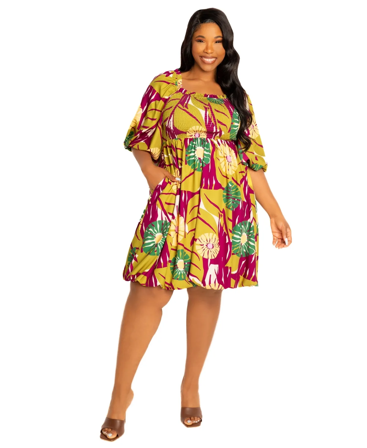 Print Smocked Puff Sleeve Bubbled Dress by Buxom Couture