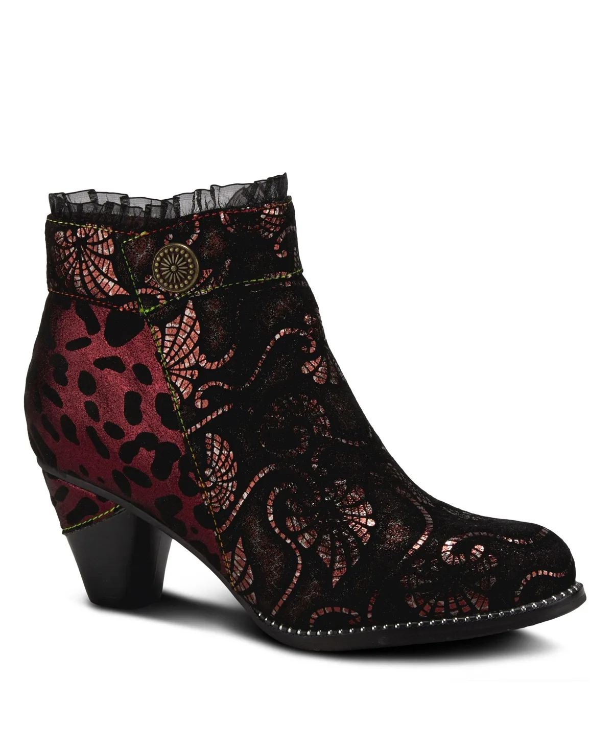 Dessa French-Inspired Leather Booties with Animal Print and Metallic Suede, Ruffle Collar, Rainbow Stitching, and Cone Heel by L'artiste