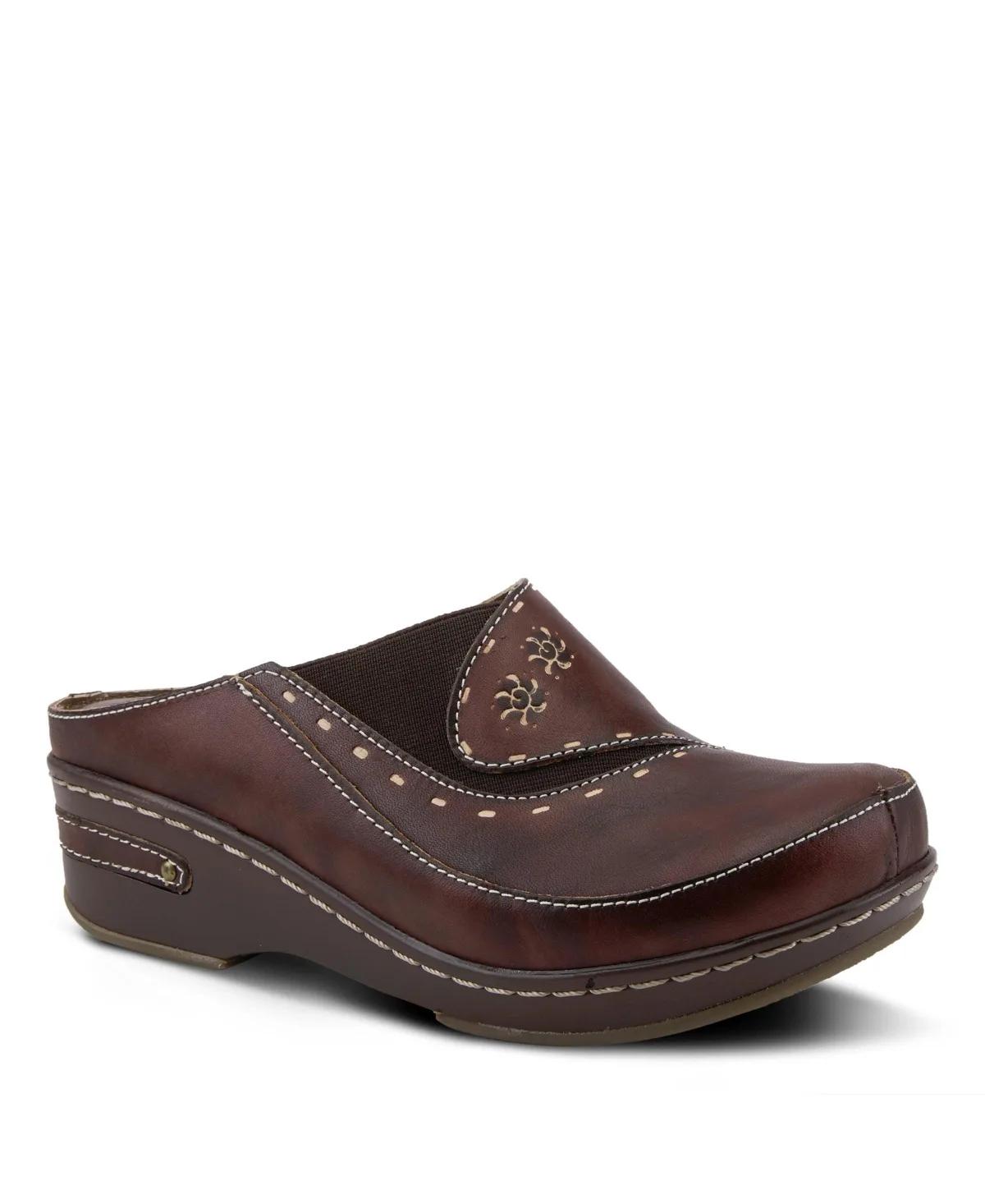 Chino Hand-Painted Open-Back Leather Clog with Embossed Details and Elastic Inset by L'artiste