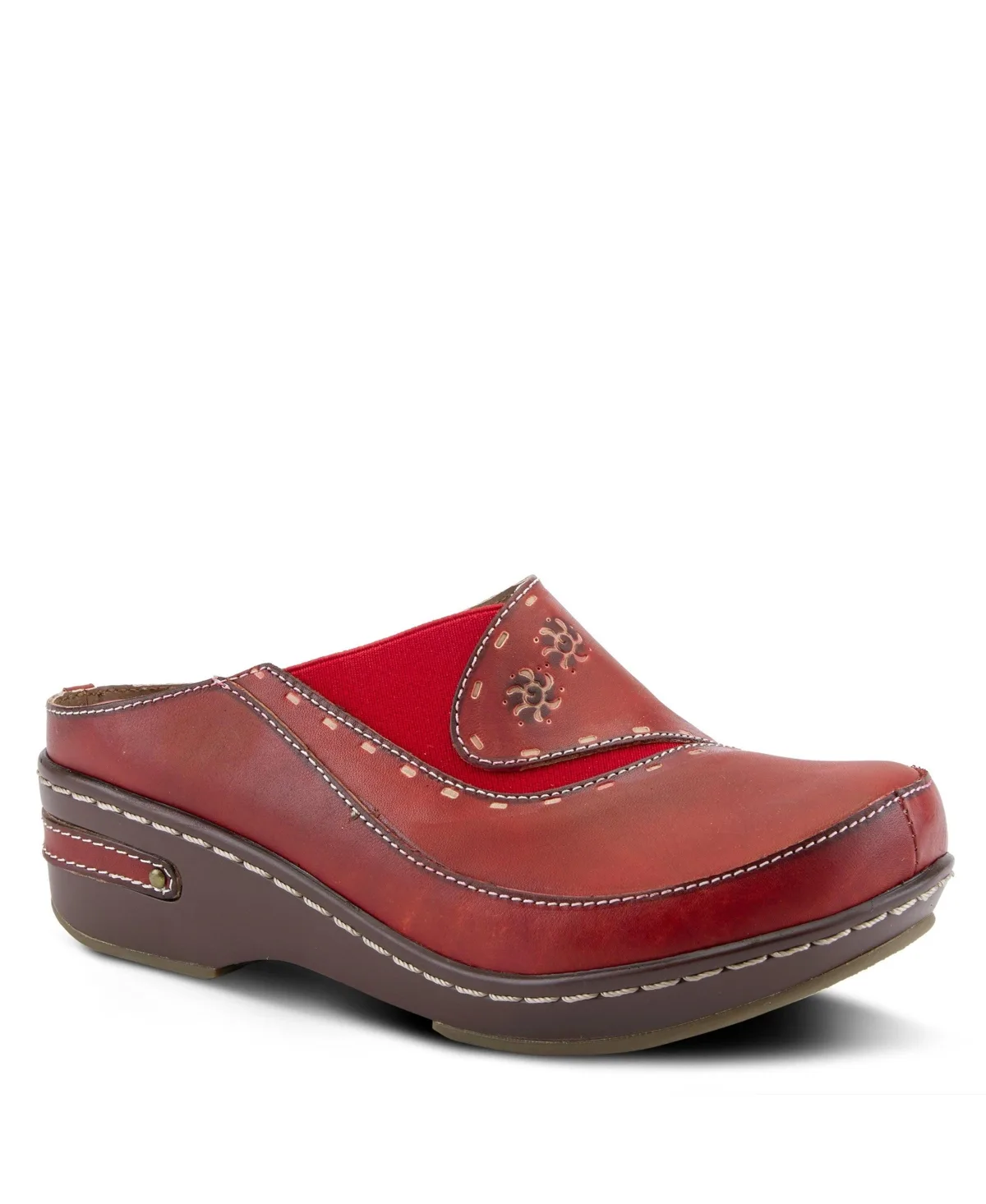 Chino Hand-Painted Open-Back Leather Clog with Embossed Details and Elastic Inset