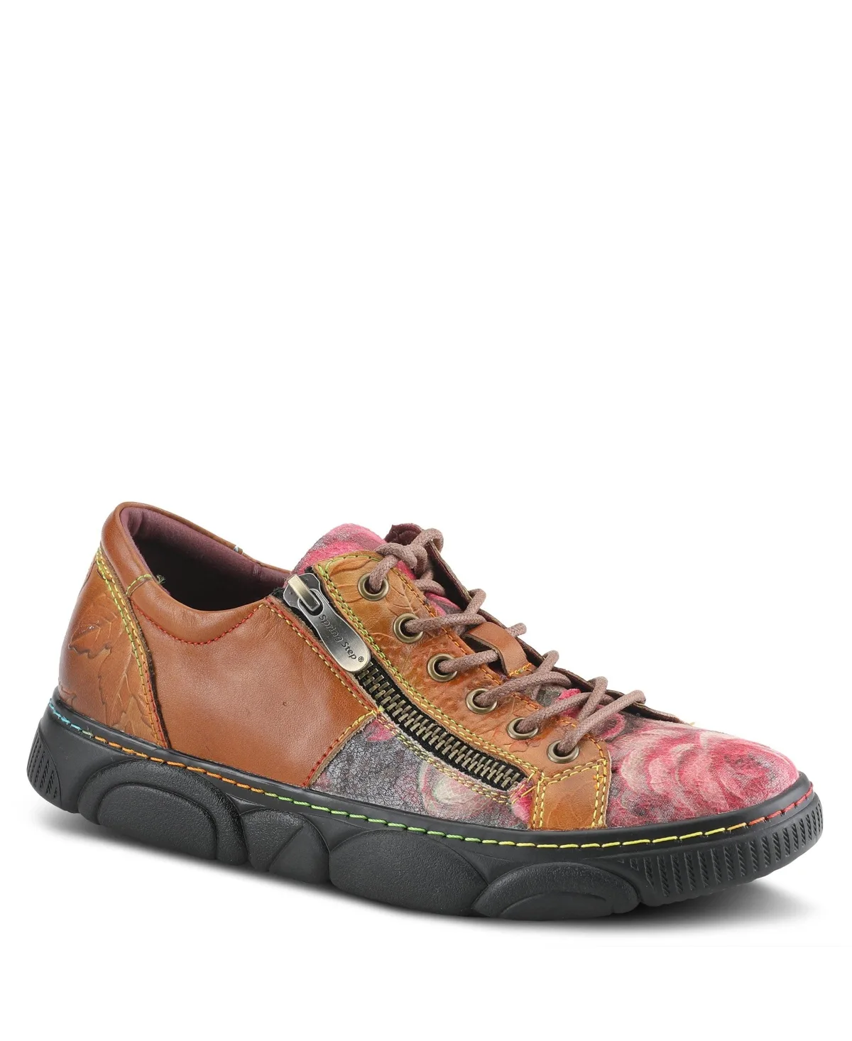 Danli-Bloom Zippered Platform Sneakers in Hand-Painted Leather with Floral Embossing and Rainbow Stitching by L'artiste