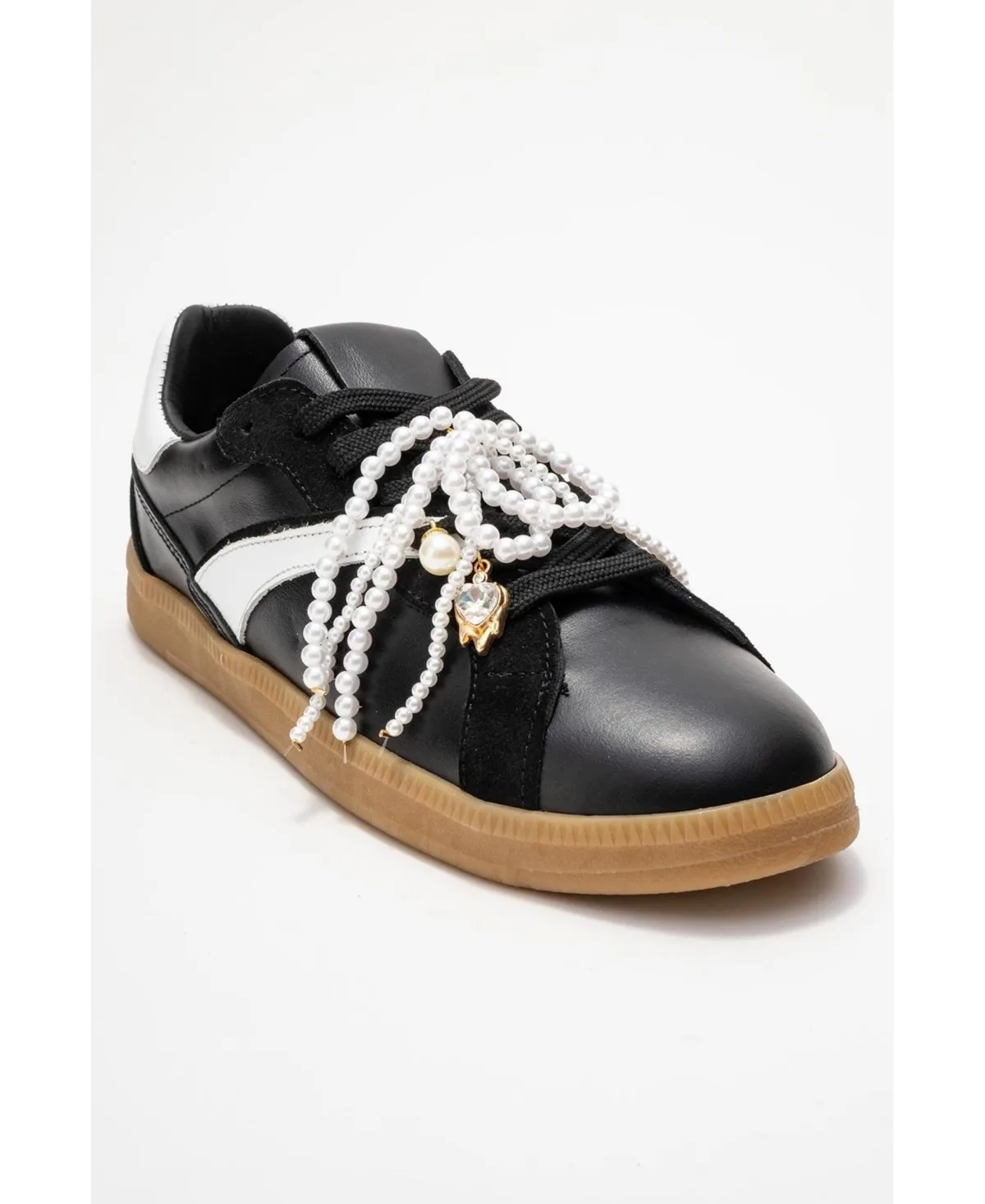 Taren Leather Pearl Buckle Sneakers by Forever & Always Shoes