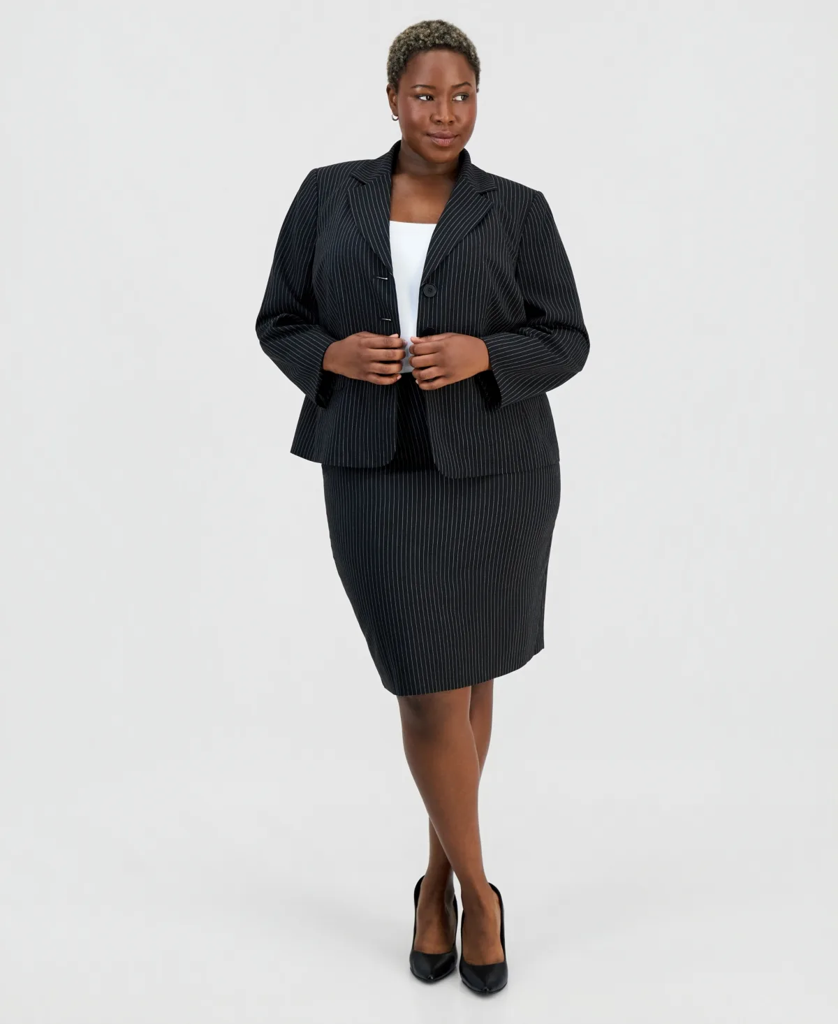 Three-Button Notch-Collar Jacket & Slim Skirt Suit by Le Suit