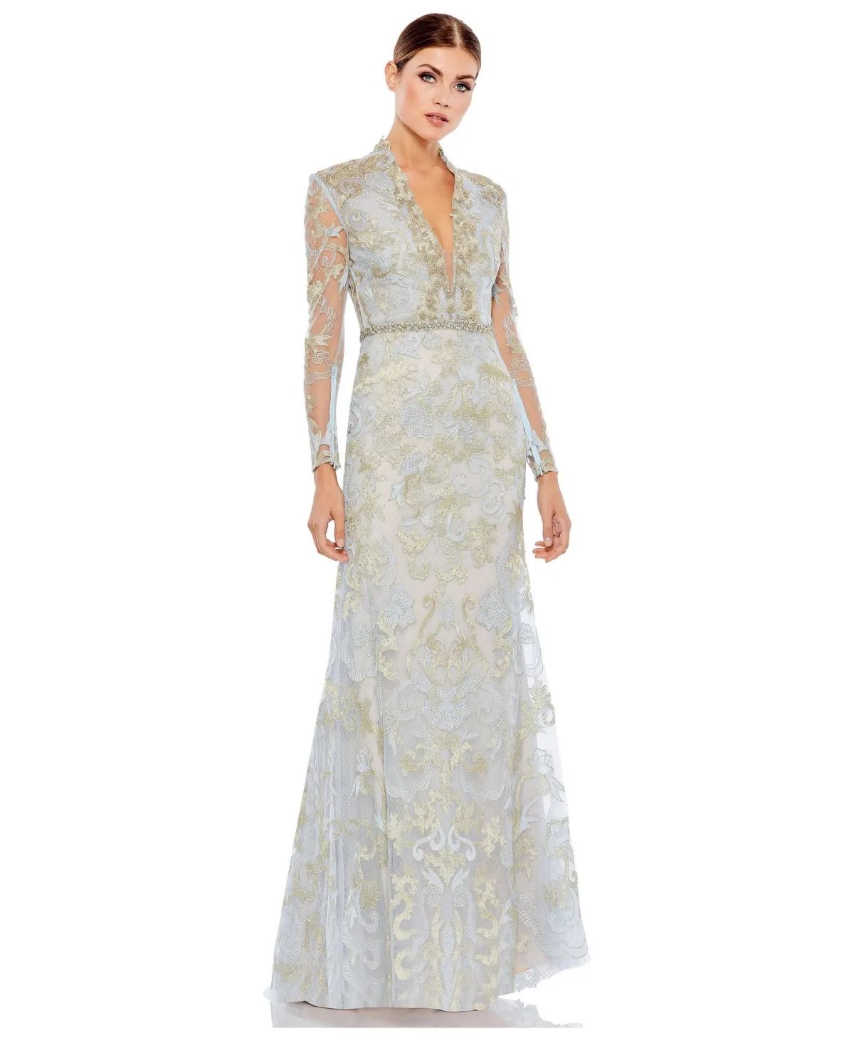 Long Sleeve Applique V-Neck Gown