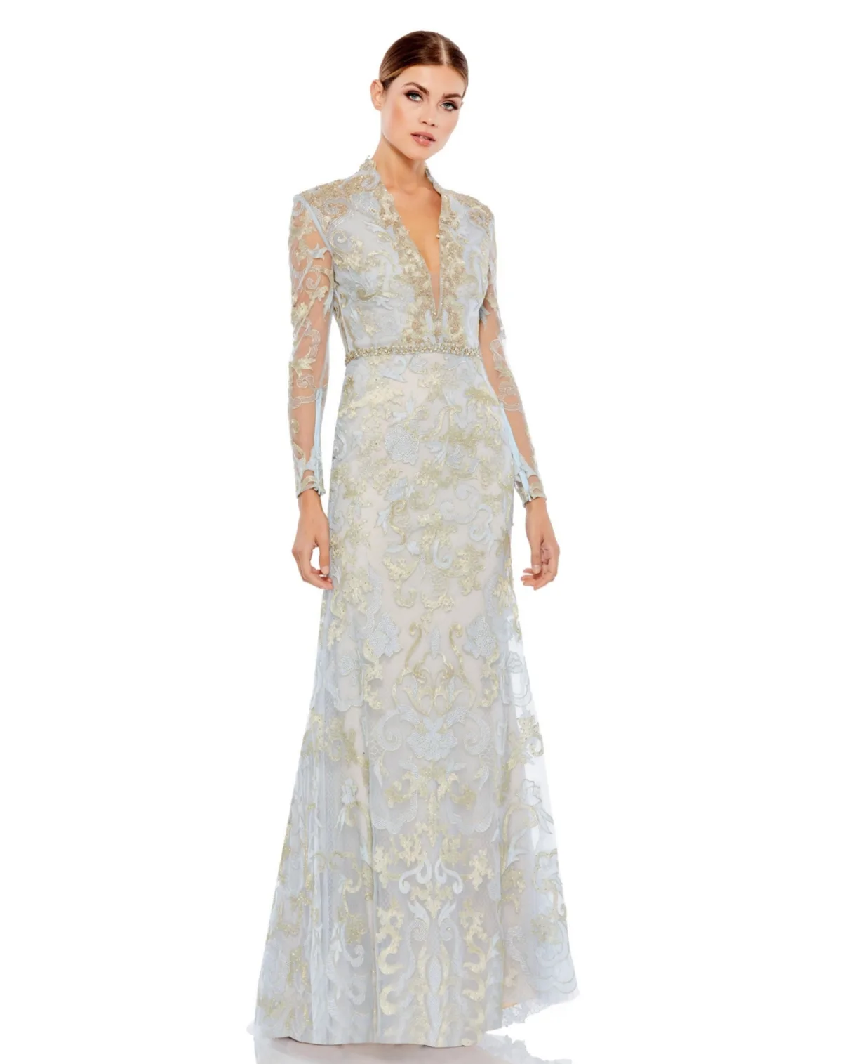 Long Sleeve Applique V-Neck Gown by Mac Duggal
