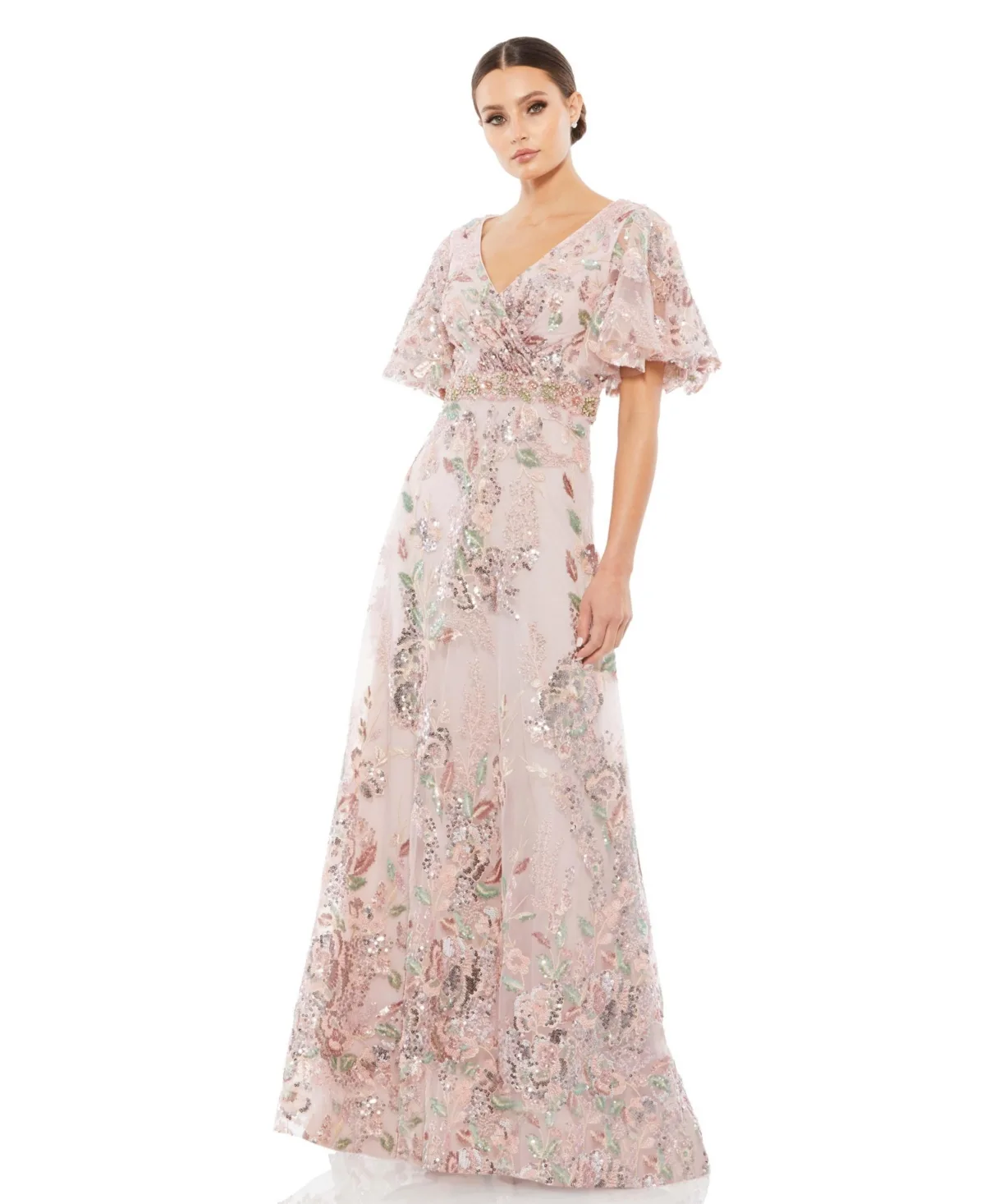 Floral Embellished Short Sleeve Gown
