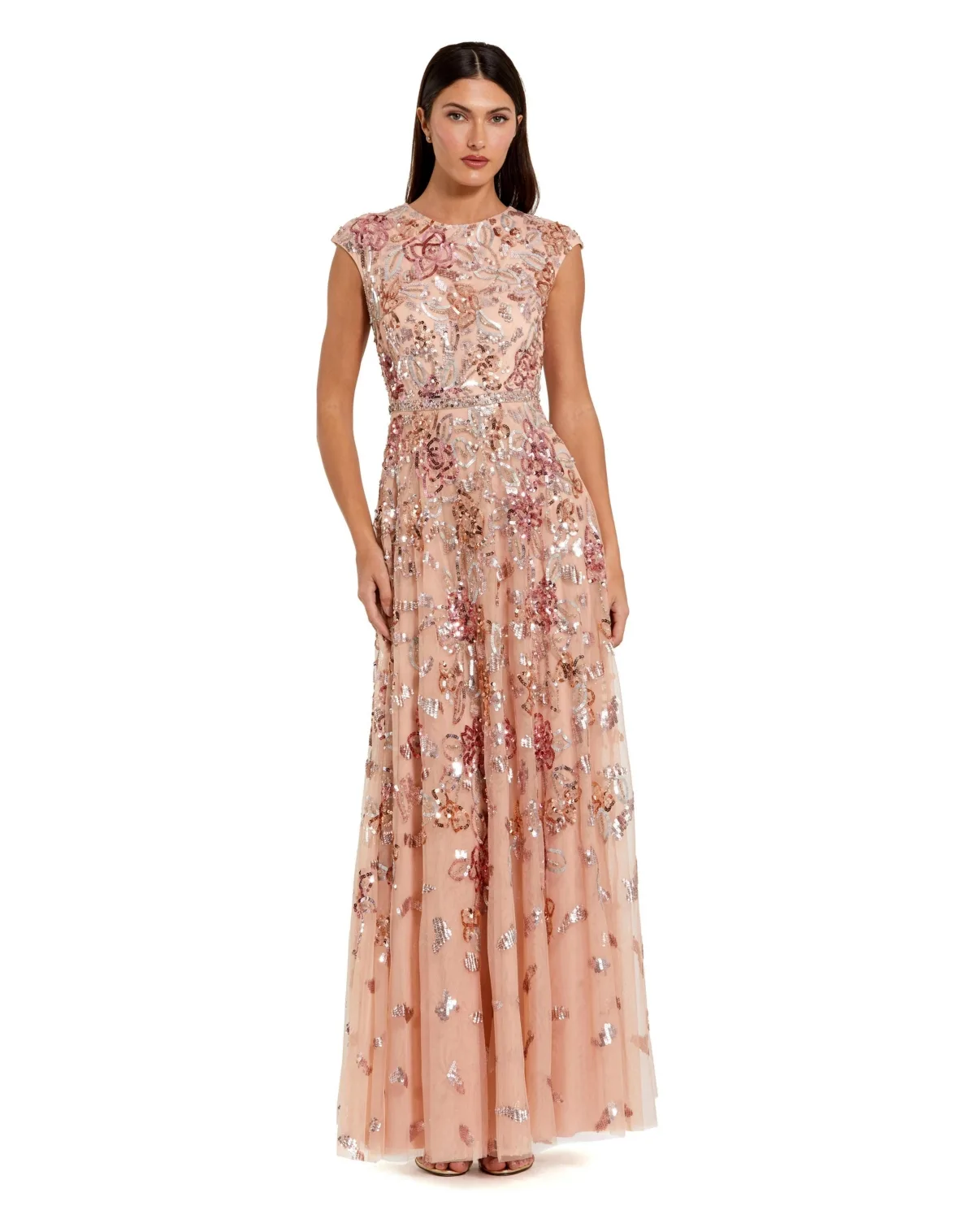 Sequined High Neck Cap Sleeve a Line Gown