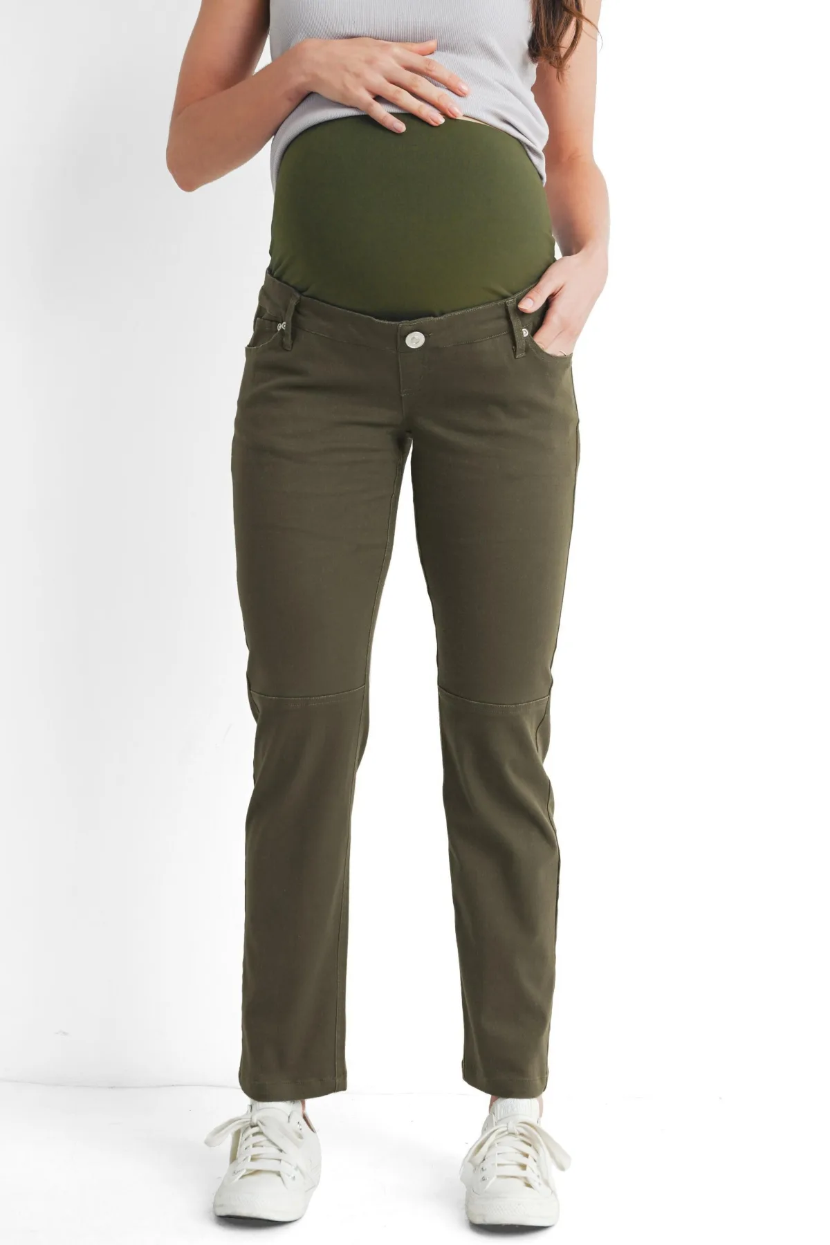 Maternity Straight Leg Pants with Over the Belly Panel and Pockets by Hello Miz