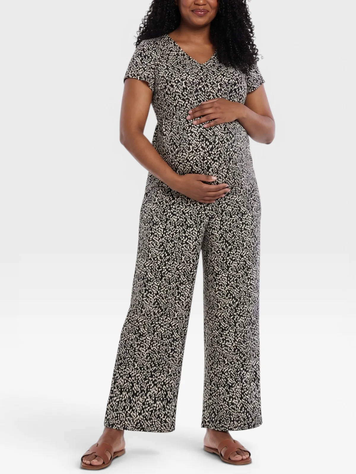 Maternity Short Sleeve V-Neck Flare Leg Jumpsuit by Motherhood Maternity