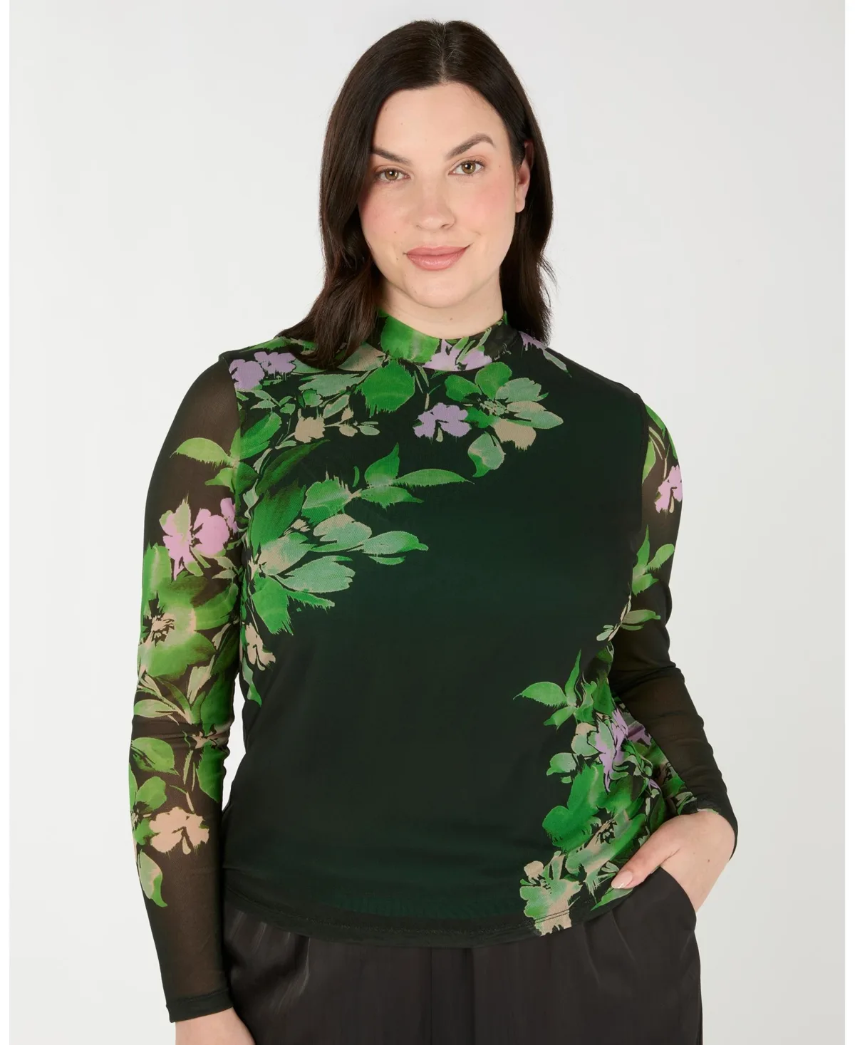 Fiora Floral Sheer Long Sleeve Mock Neck Mesh Top by Estelle