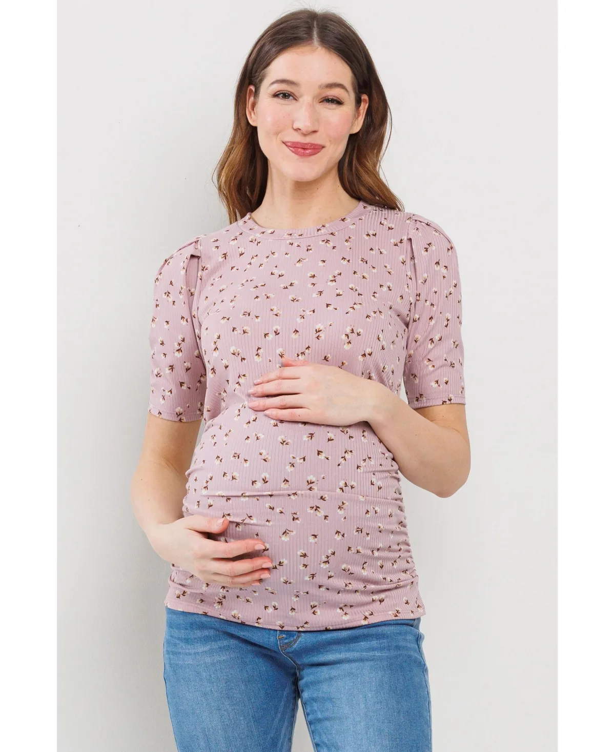 Ribbed Ruched Puff-Sleeve Fitted Top by Hello Miz