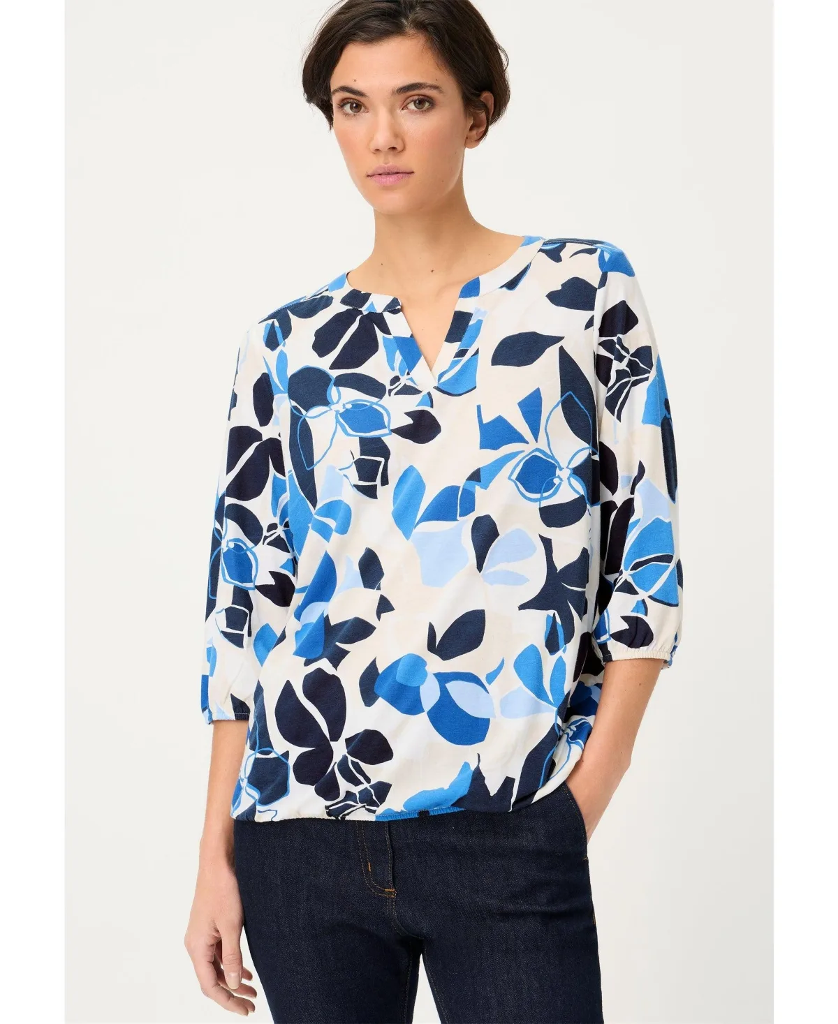 Graphic Floral Split Neck T-Shirt by Olsen