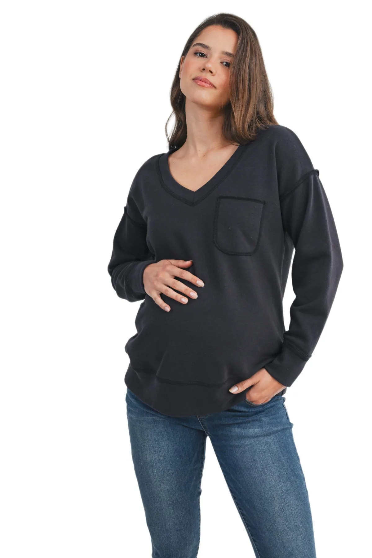 V Neck Long Sleeve Front Pocket Sweatshirt by Hello Miz