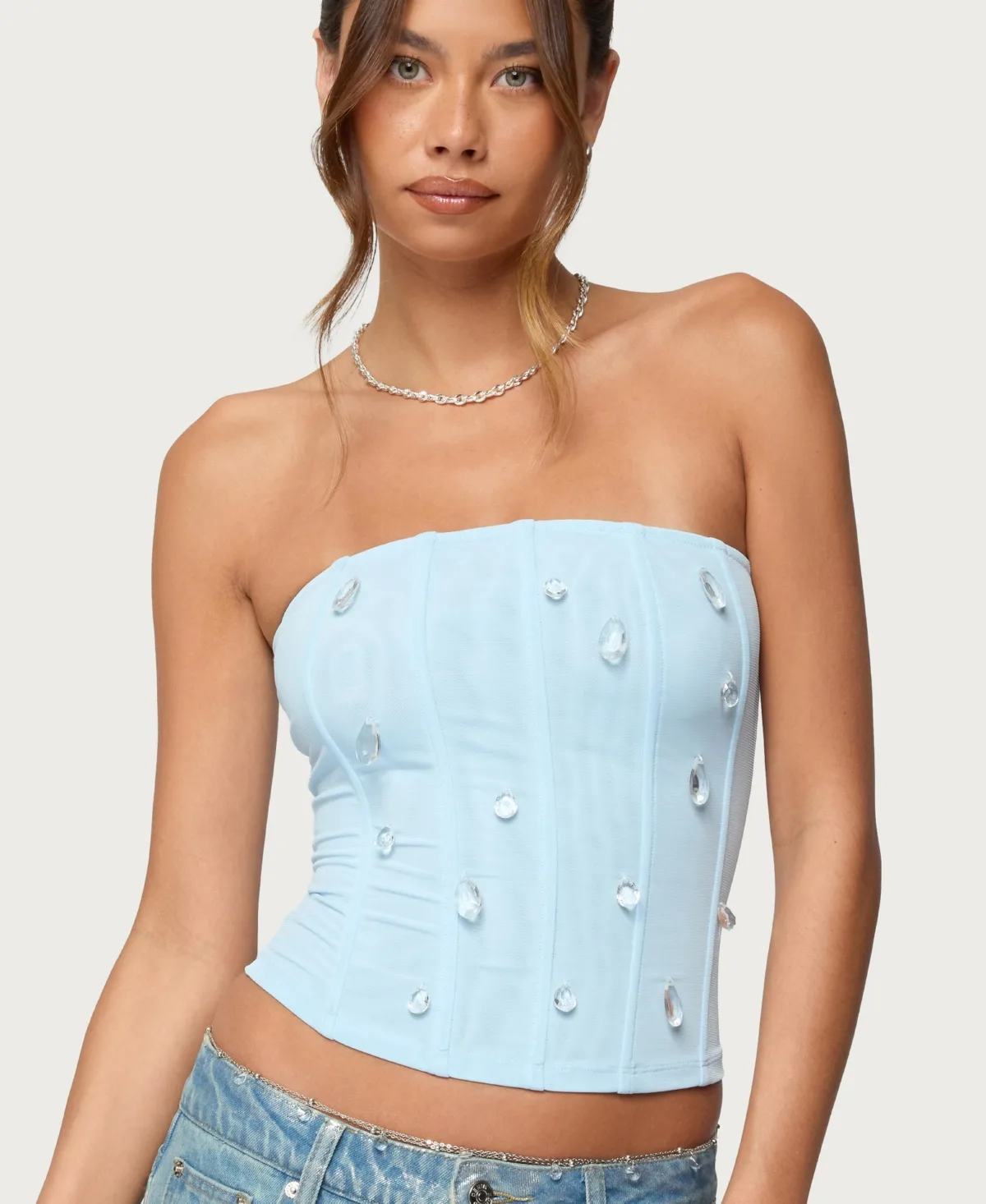 Lexah Faux Crystal Strapless Mesh Corset by Edikted