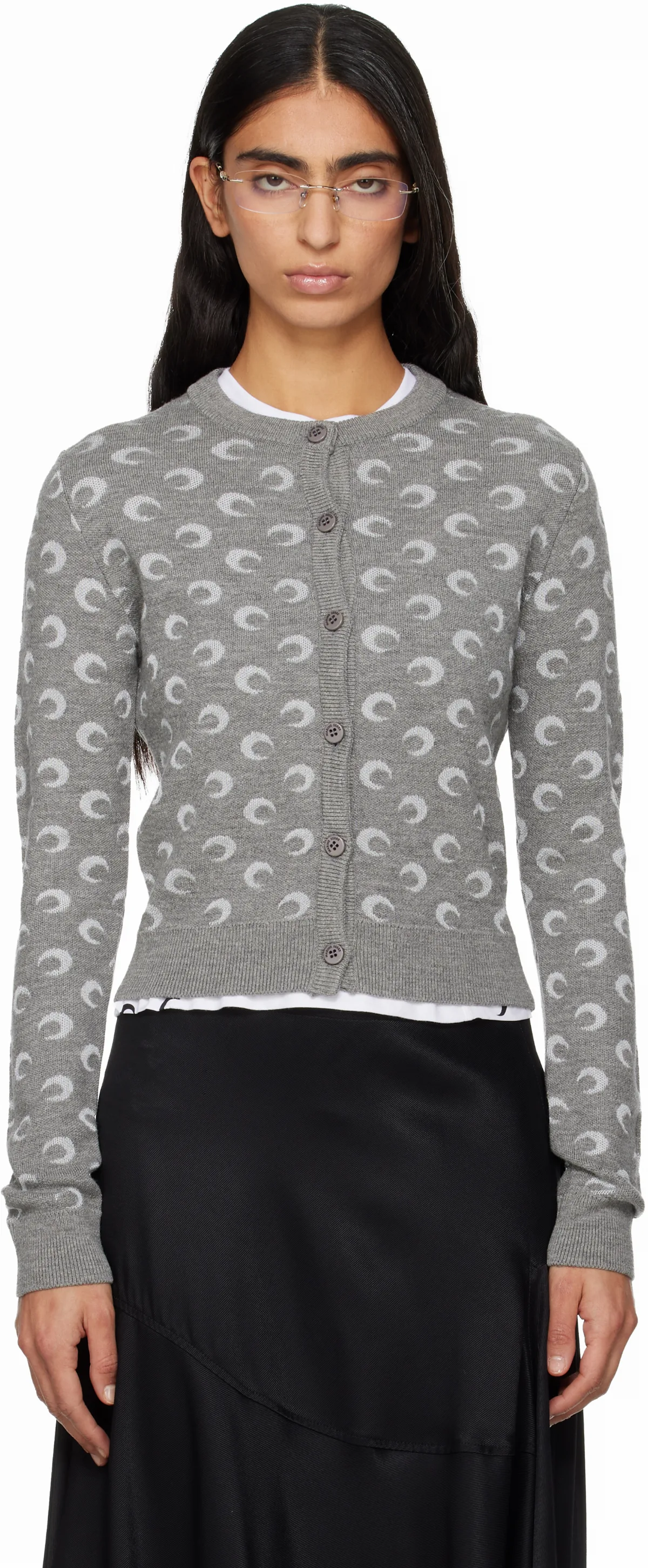 Gray Moon Jacquard Knit Fitted Cardigan