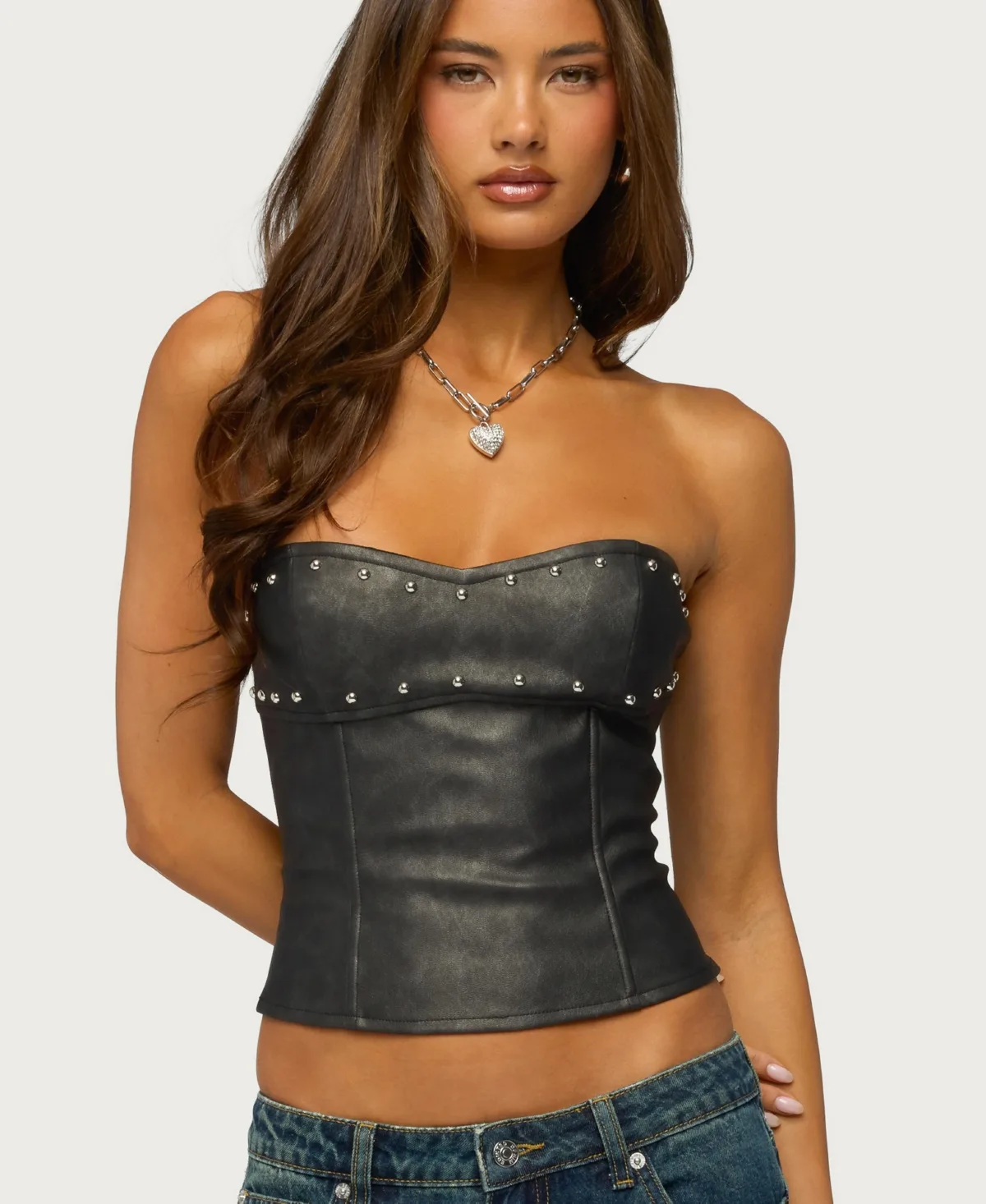 Izara Studded Faux Leather Corset by Edikted