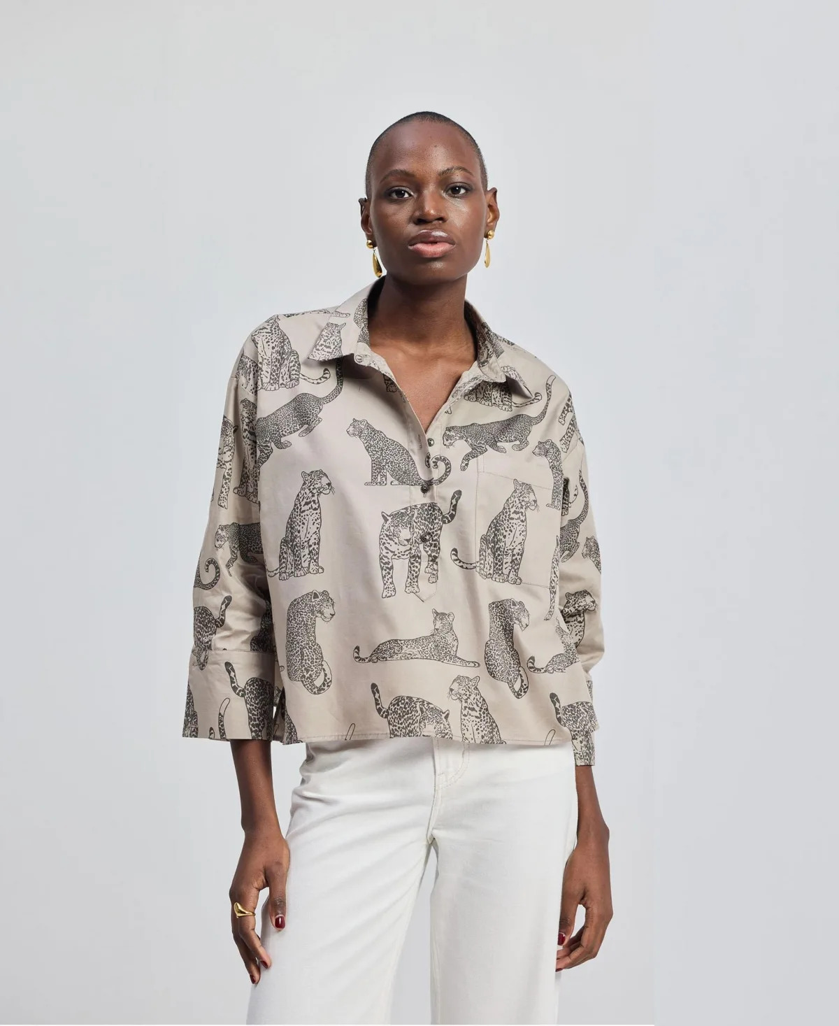Oversized Cropped Button-Down Shirt in Animal Print by Reistor