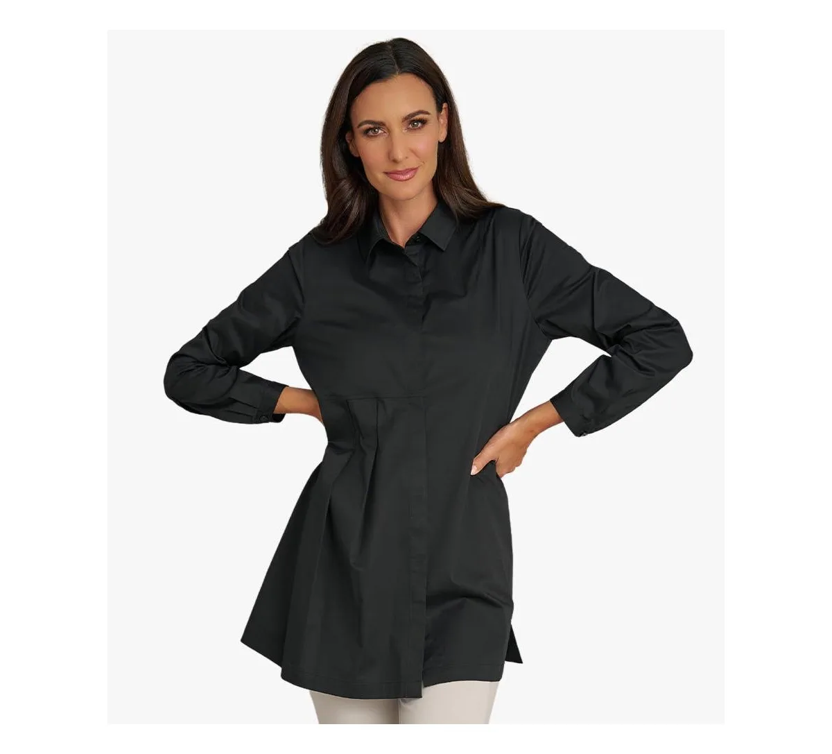 Long Sleeves Cotton Poplin Asymmetrical Pleat Front Have It All Tunic by Stella Carakasi