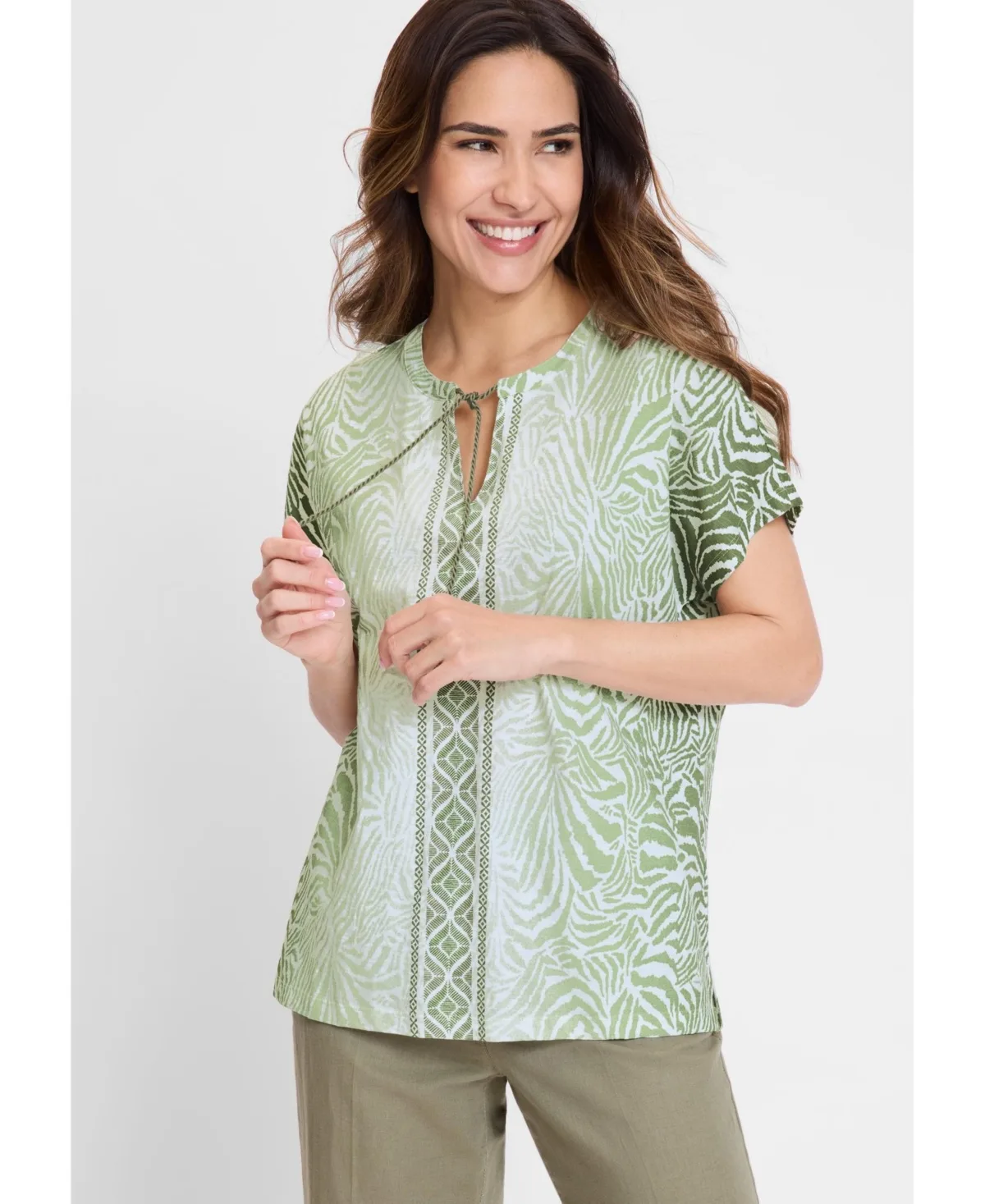 Multi-Print Tie Neck T-Shirt by Olsen