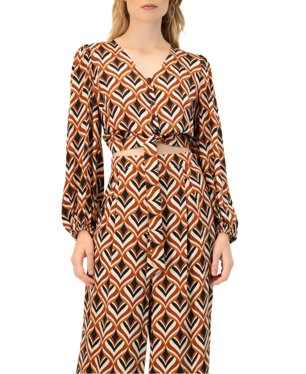 V-Neck Geometric Print Blouse with Bottom Tie by Ivonne