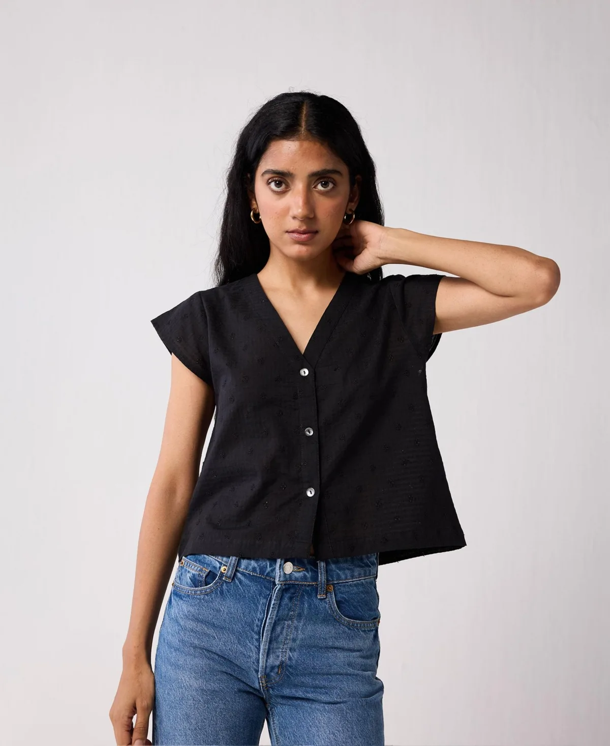 V-Neck Embroidered Top with Front Buttons by Reistor