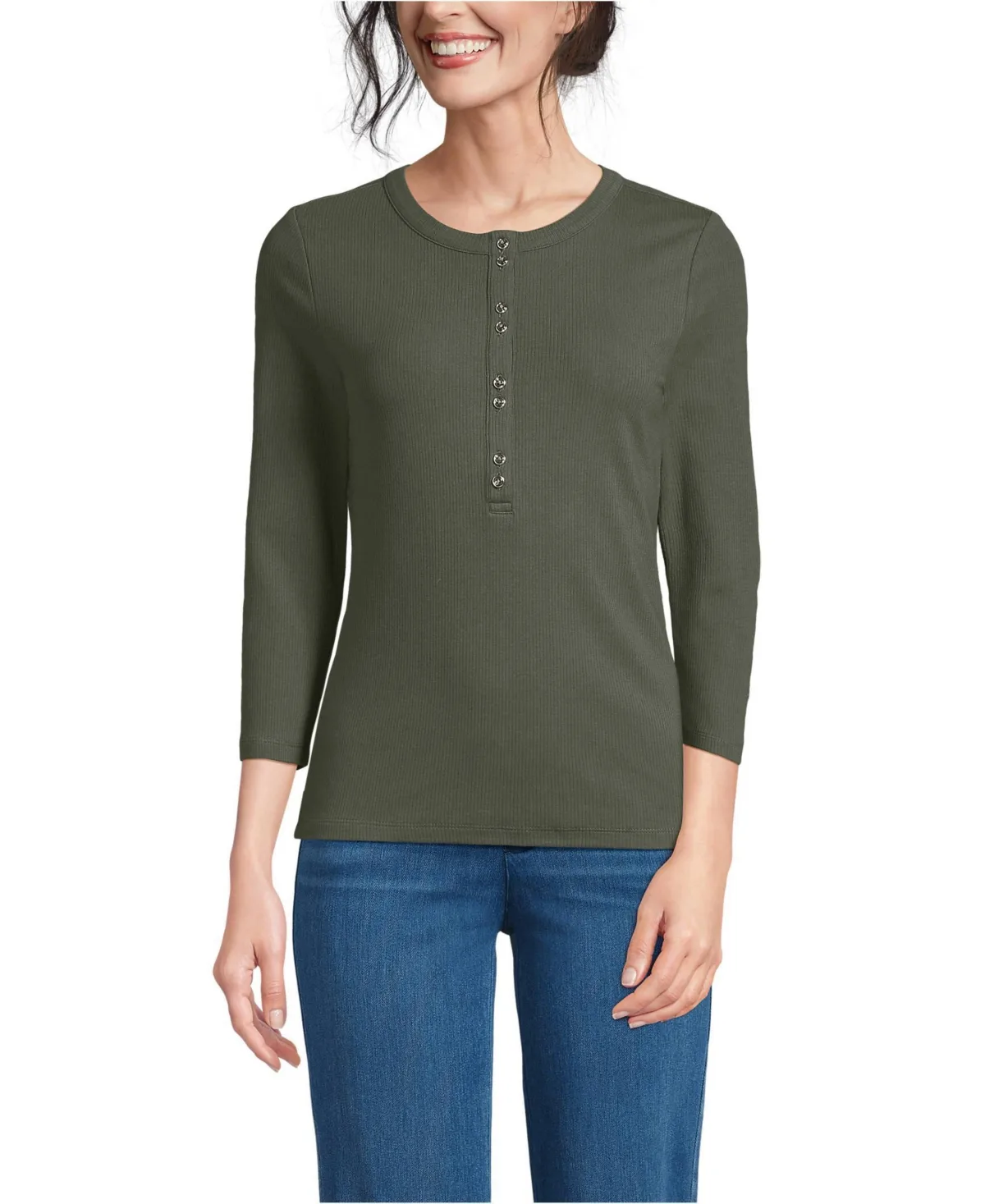 3/4 Sleeve Polished Rib Henley Top by Lands' End
