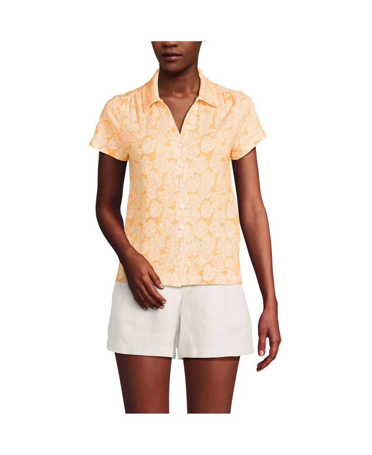 Linen Blend Short Sleeve Button Front Polo Top by Lands' End